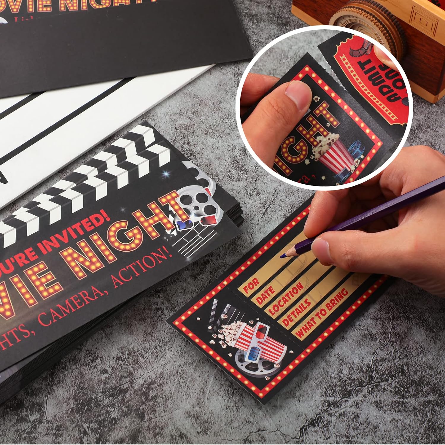 Woanger 50 Pieces Movie Party Invitations with Envelopes Movies Night Invitations 25 Film Tickets 25 Envelopes for Birthday Baby Shower Film Night Red Carpet Party(Movie)