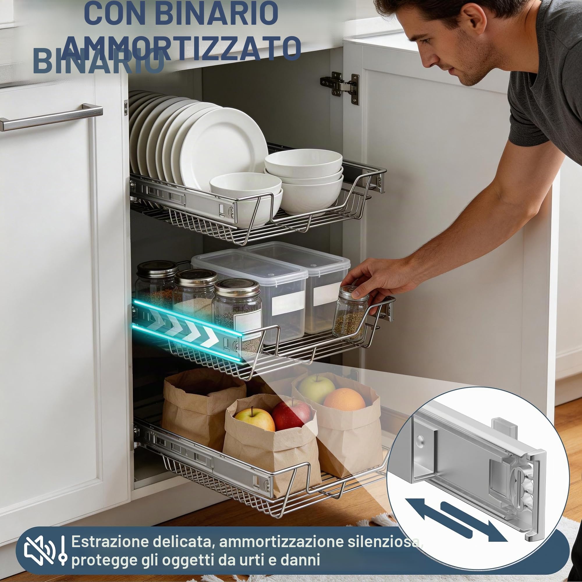 NAIZY 2x Cestello Estraibile 60 cm Cassetto Estraibile Cucina Organizer da cucina Argento in solido acciaio inossidabile Organizer cassetti (larghezza effettiva 57 cm, 2 pezzi)