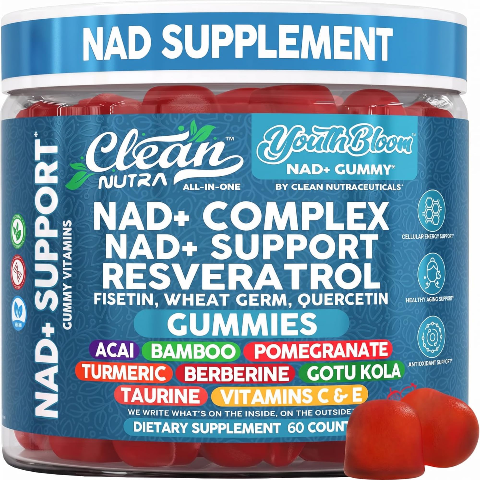 Youth Bloom NAD+ Supplement Gummies Resveratrol Fisetin Wheat Germ Berberine Taurine Turmeric Collagen Astaxanthin Nicotinamide Gotu Kola Pomegranate Vitamin C & E 60 Ct by Clean Nutra
