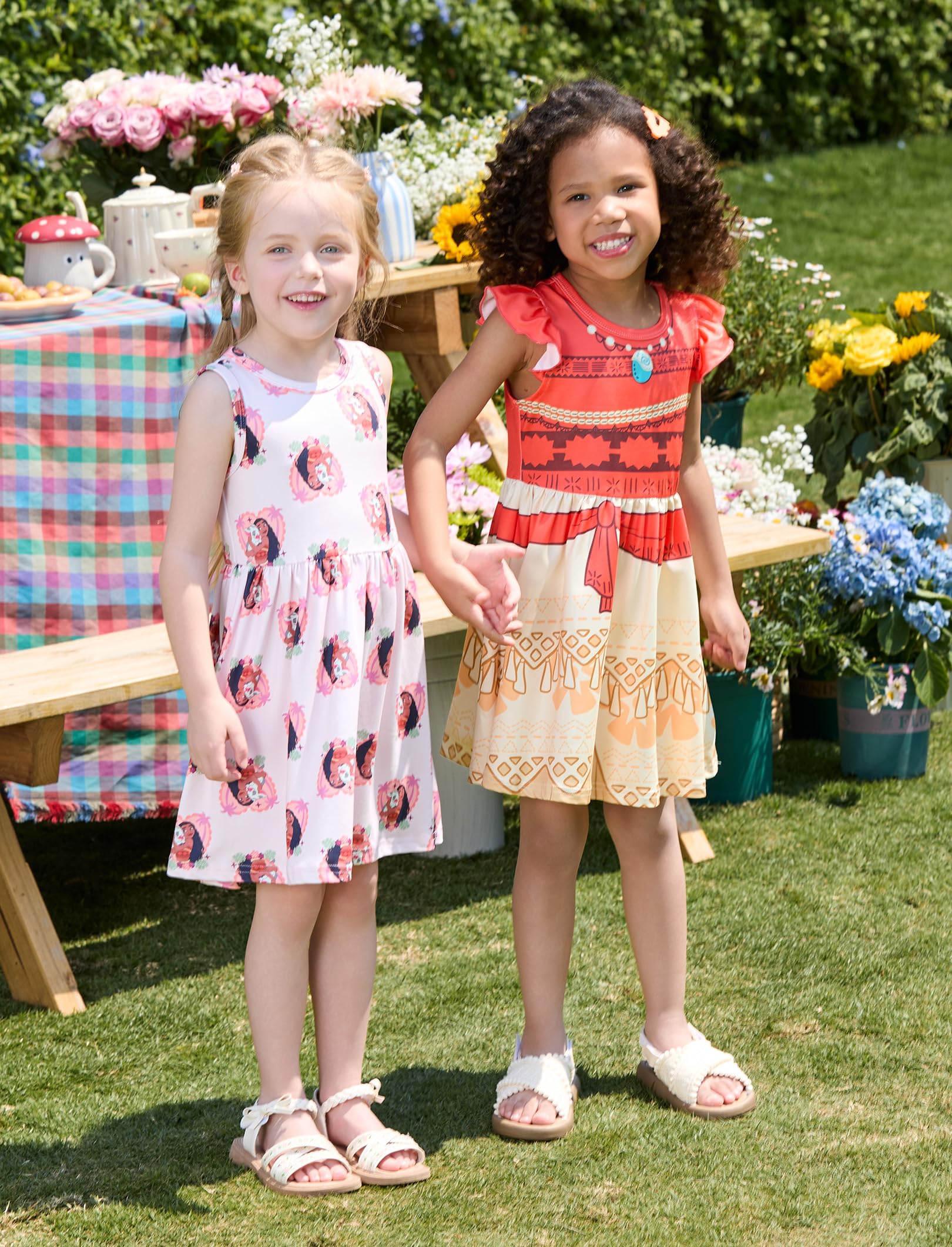 Disney Princess Moana Toddler Girl Dresses 2 Pack Casual Sleeveless Sundress & Ruffle Sleeve Costume Dress Set Hawaiian Birthday Summer Outfits 5-6Y