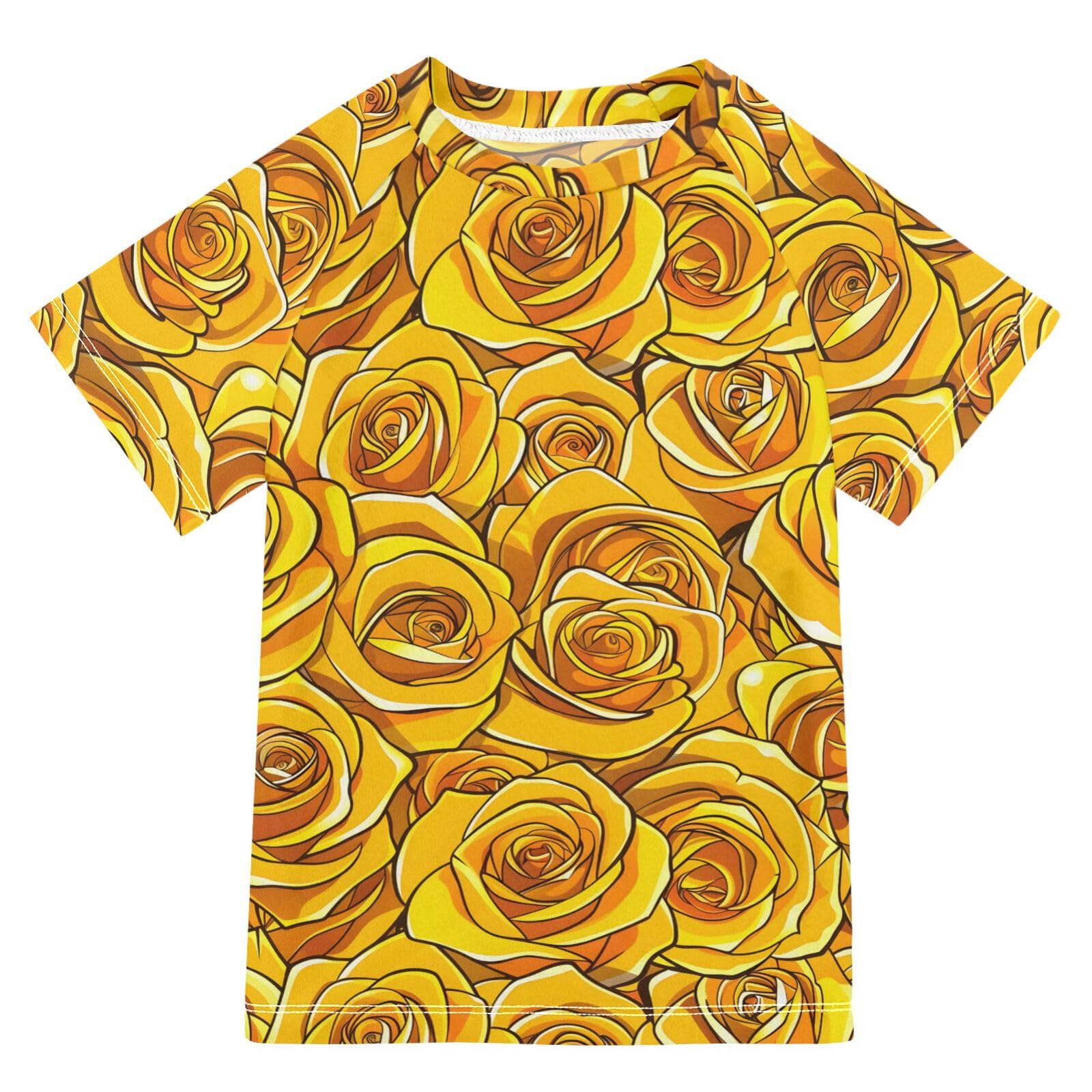 Boys Rash Guard Short Sleeve Swim Shirts for Boys Yellow Roses Sun Protection 7-8T