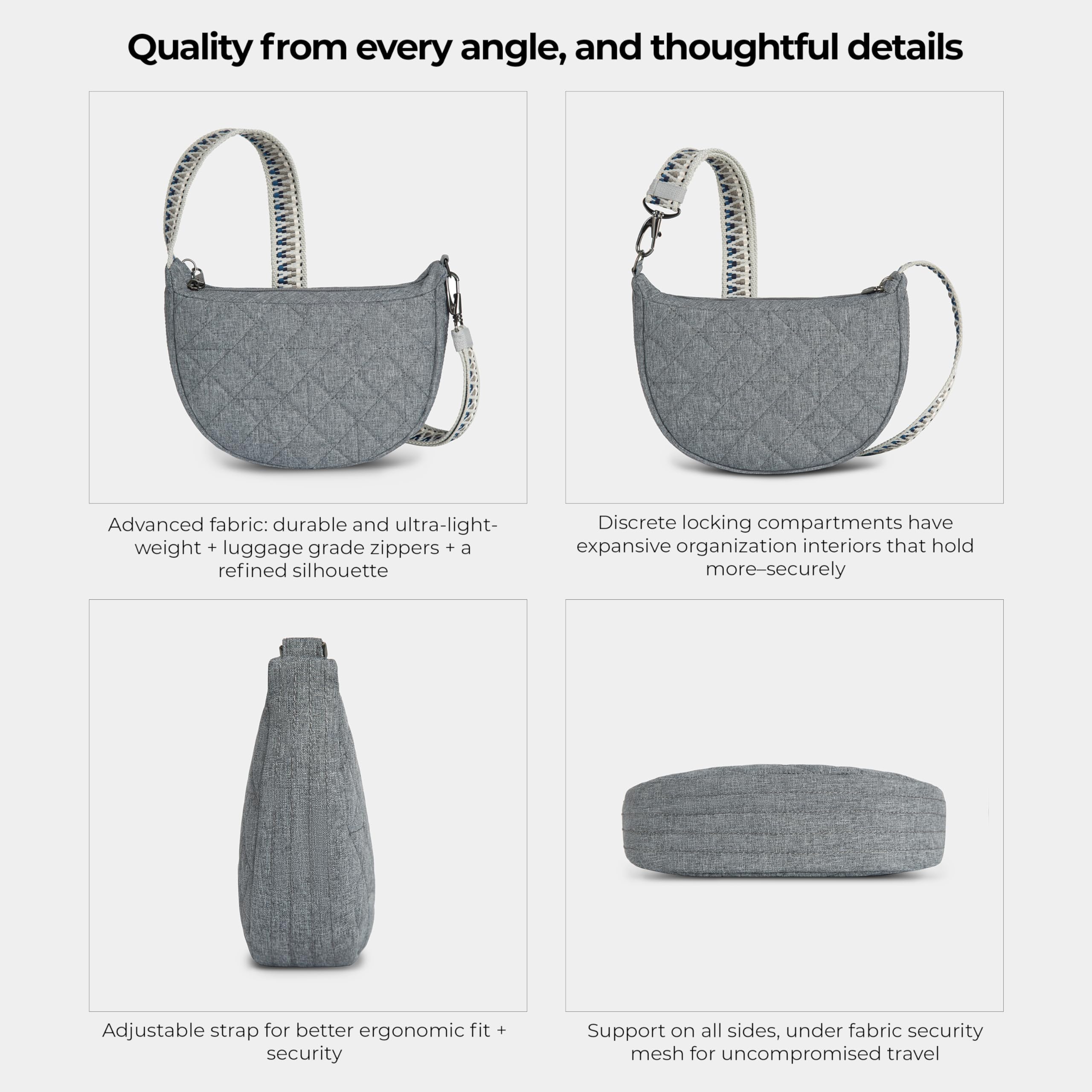 Travelon Unisex Boho antykradzieżowy półksiężyc crossbody, szary wrzos, Szary wrzos