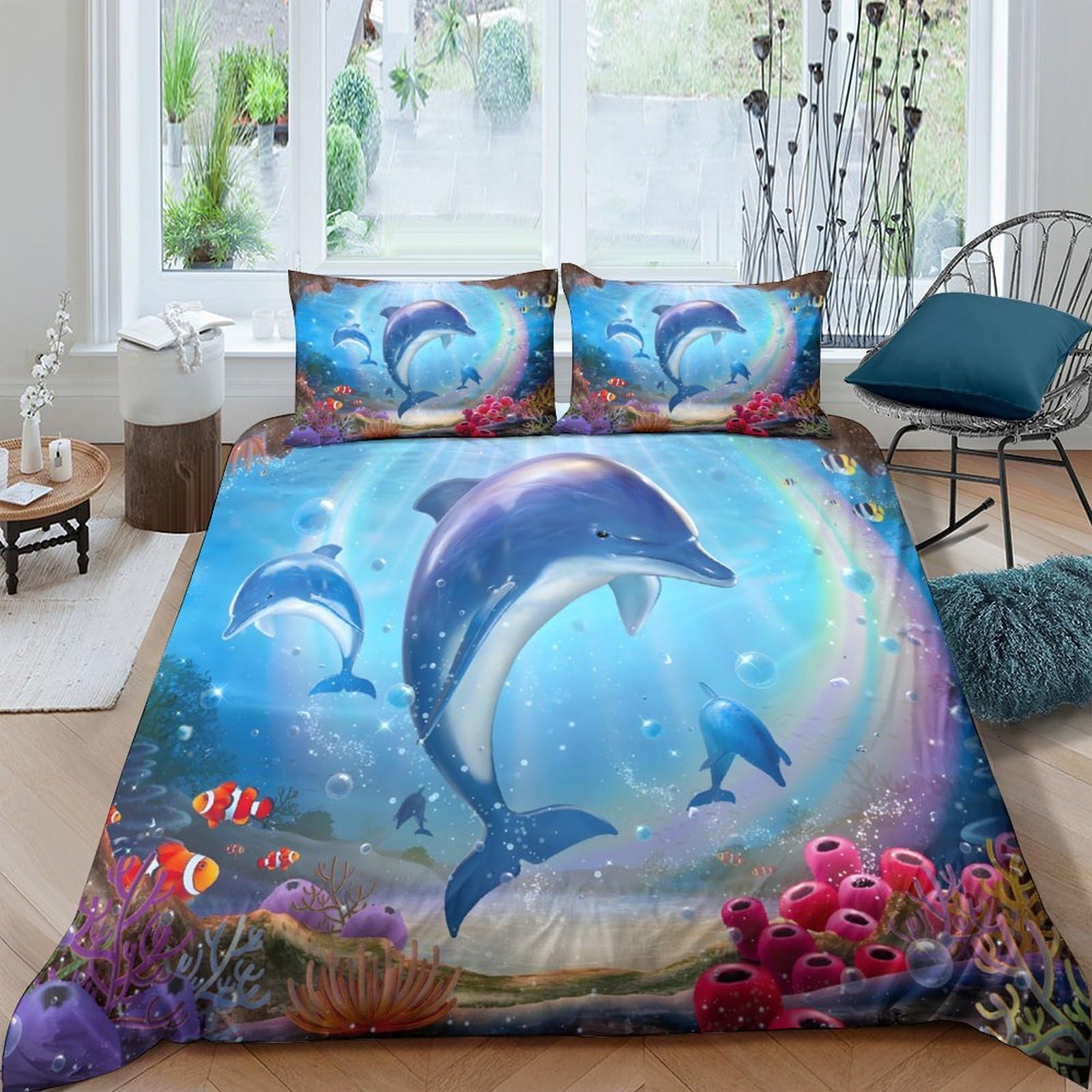 Ctjqhvkz Style-2 3D Printed Ocean Dolphin Fitted Sheet Microfiber Soft Colourful Coral Mattress Cover For Bedroom Guest Room Decor Single（135X200cm）