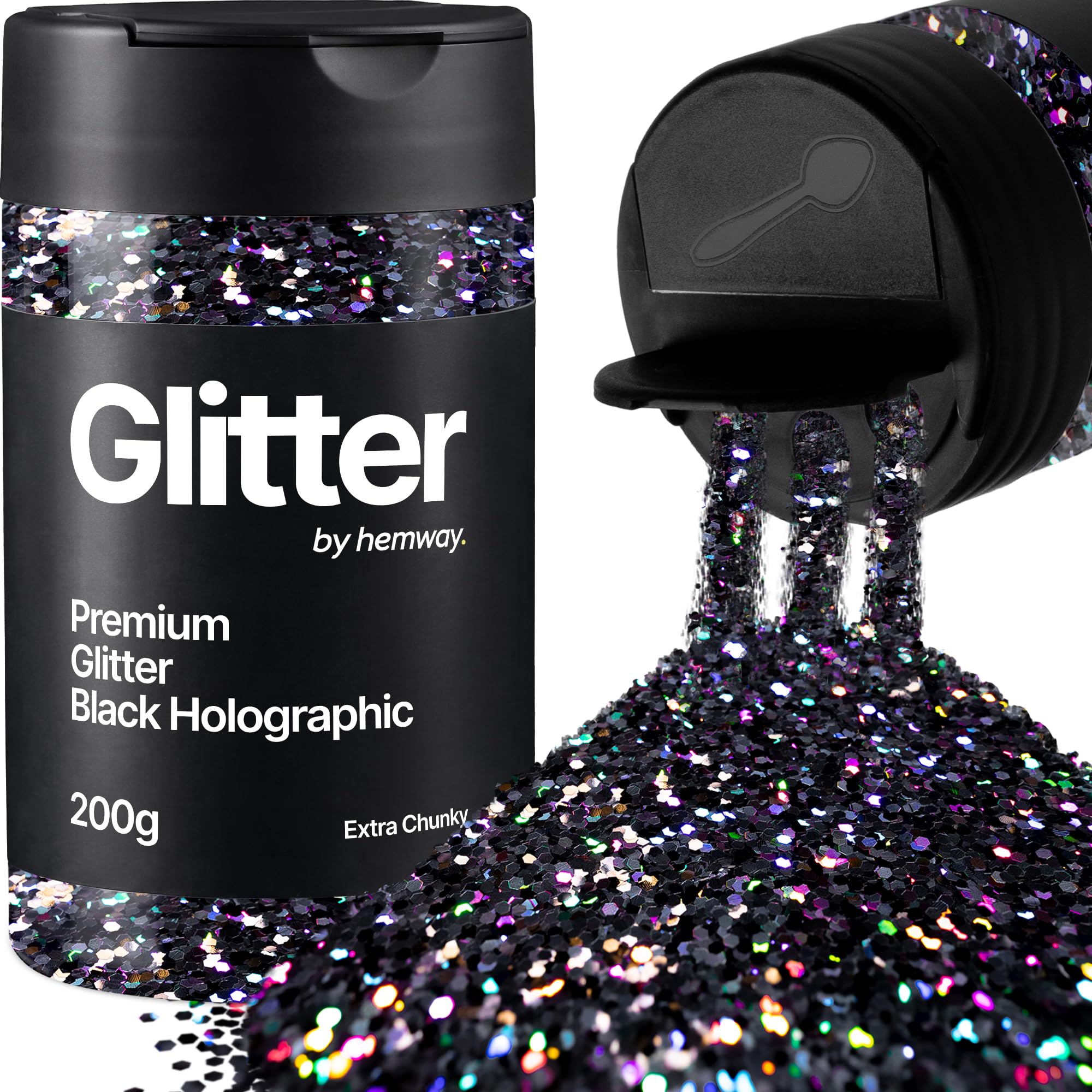 Hemway Black Holographic Glitter Shaker, 200g Extra Chunky Glitter for Crafts Metallic Flake Sequins for Resin & Epoxy Crafts for Decorating, Halloween, Christmas, Nail, Face, Art