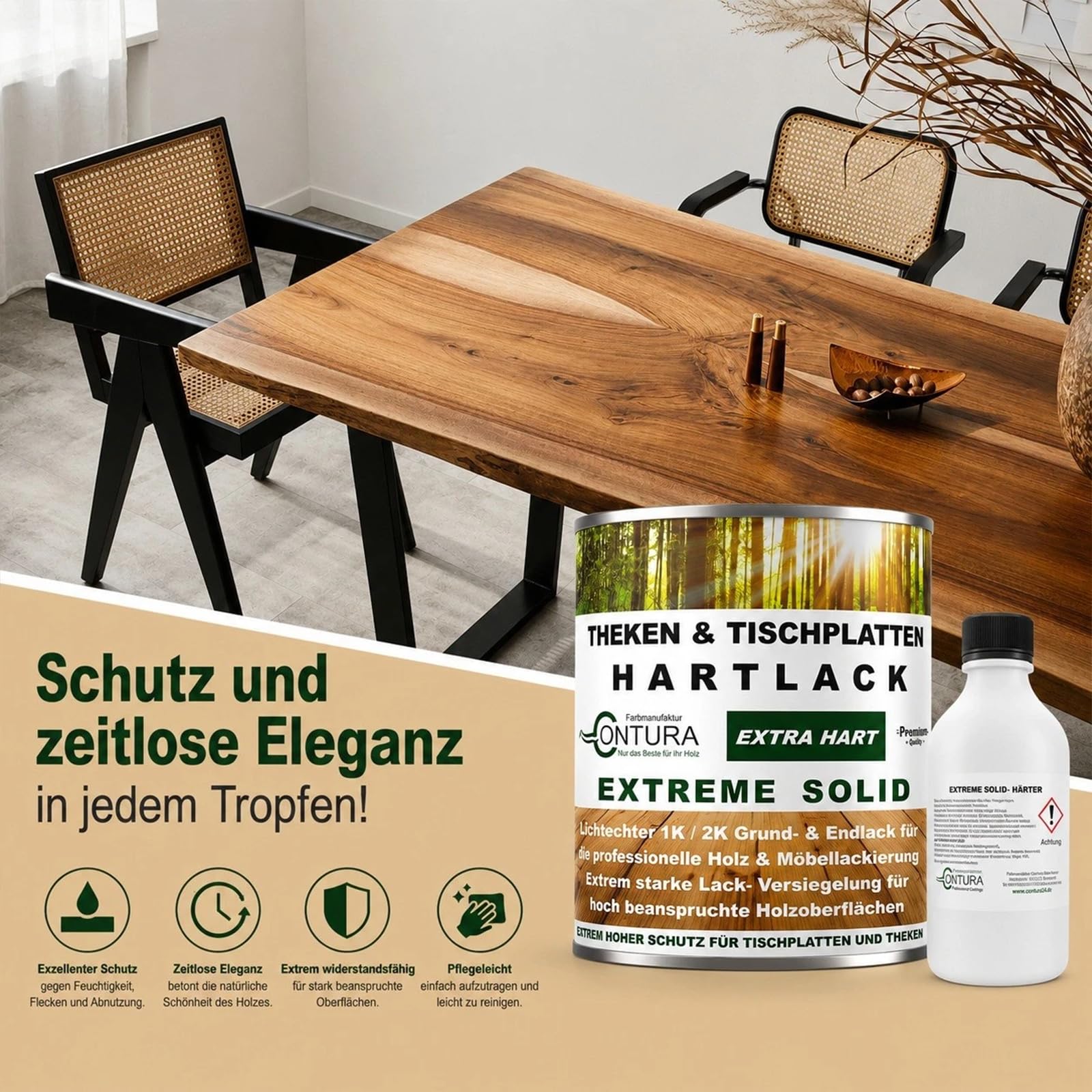 Contura Hartlack 2K Lack Thekenlack Seidenglänzend Tischplattenlack Theken Holzlack Klarlack Set mit Härter Contura Zweikomponenten Lack farblos (Transparent, 2,5 Liter)
