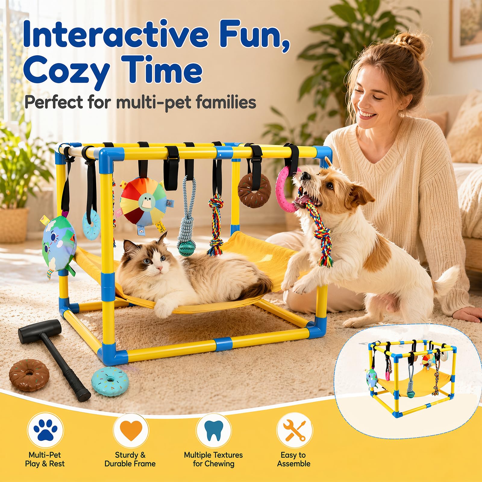 Parc de jeu pour chiots avec 8 jouets, aire de jeux jungle, aire de jeu pour chien avec cadre en PVC, salle de sport pour petits chiens, hamac pour divertissement pour l'entraînement et