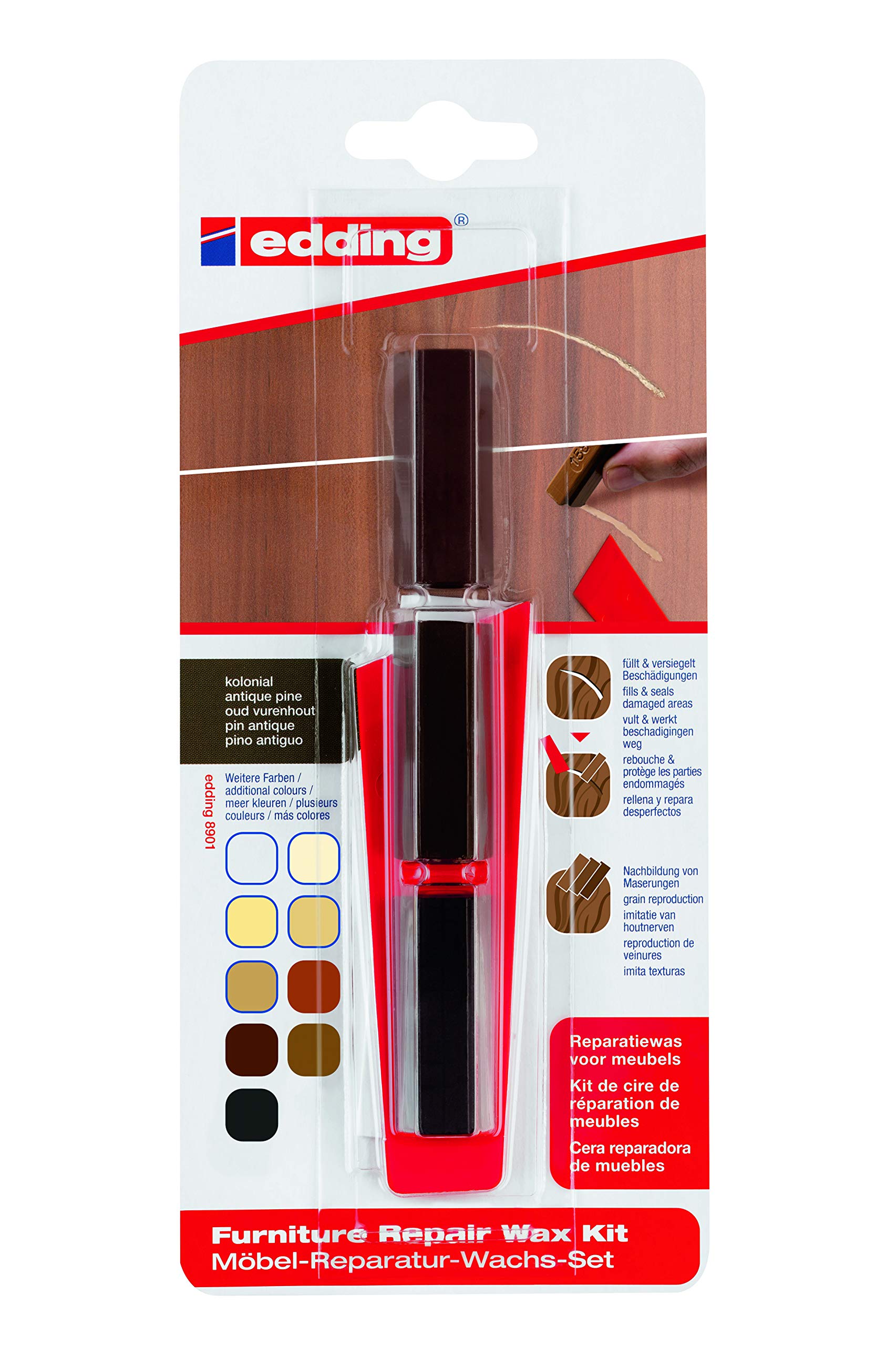 edding 8901 furniture repair wax kit - antique pine- for filling in and repairing scratches and holes on furniture and other wood surfaces — image 1