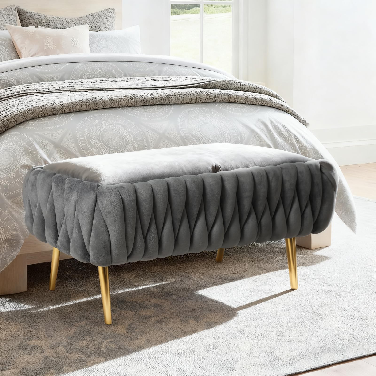 Sitzbank mit Stauraum, Aufbewahrungsbank, Samt Bettbank mit Metallbeinen, Polsterbank Hockerbank für Wohnzimmer, Schlafzimmer, Flur, bis 300 kg Belastbar, 105 x 20 x 44cm (Grau)