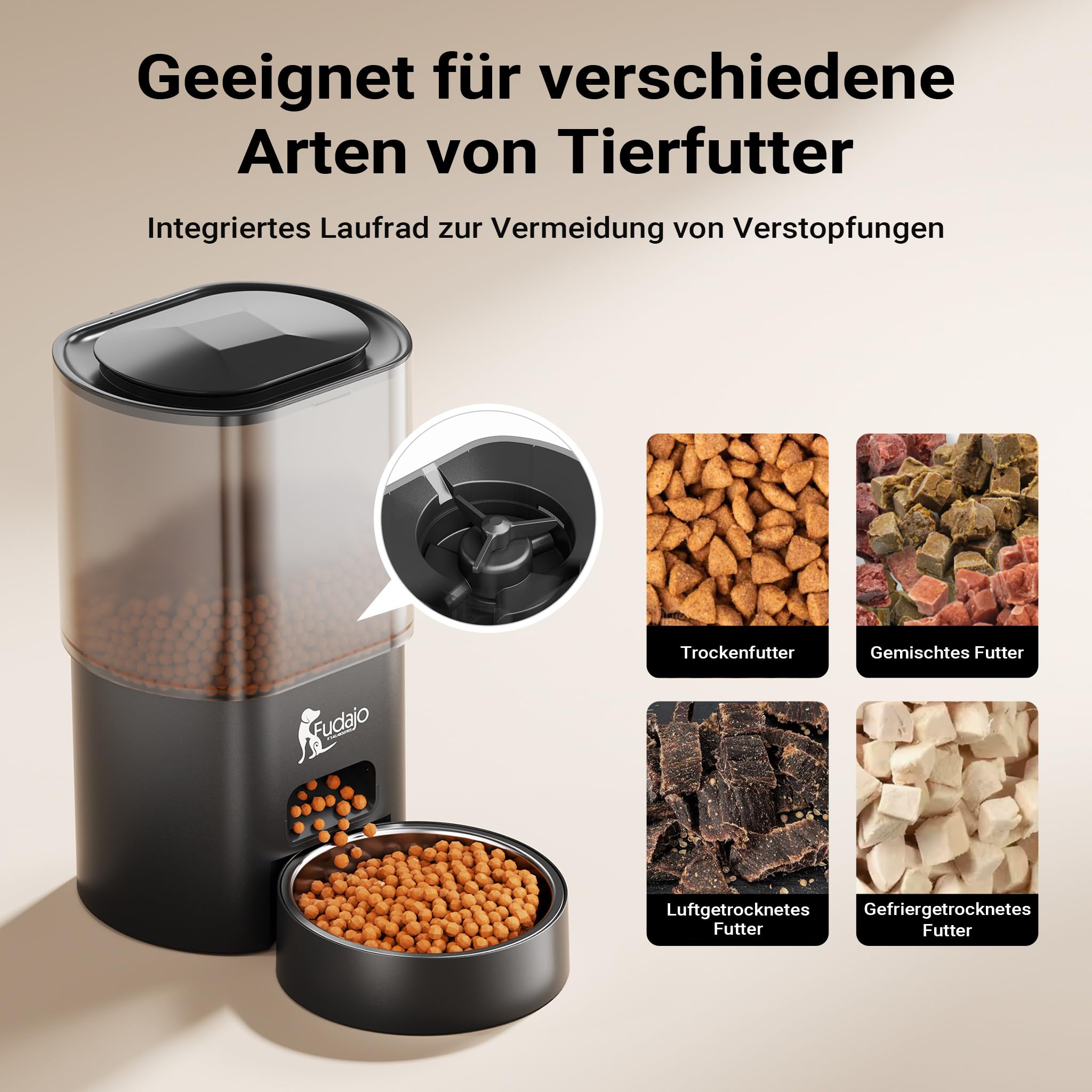 Fudajo Futter- und Trinkautomat für Katzen & Hunde in Schwarz, 3 L Futterspender und 2,5 L Trinkbrunnen, Fütterung mit App-Steuerung für Trockenfutter