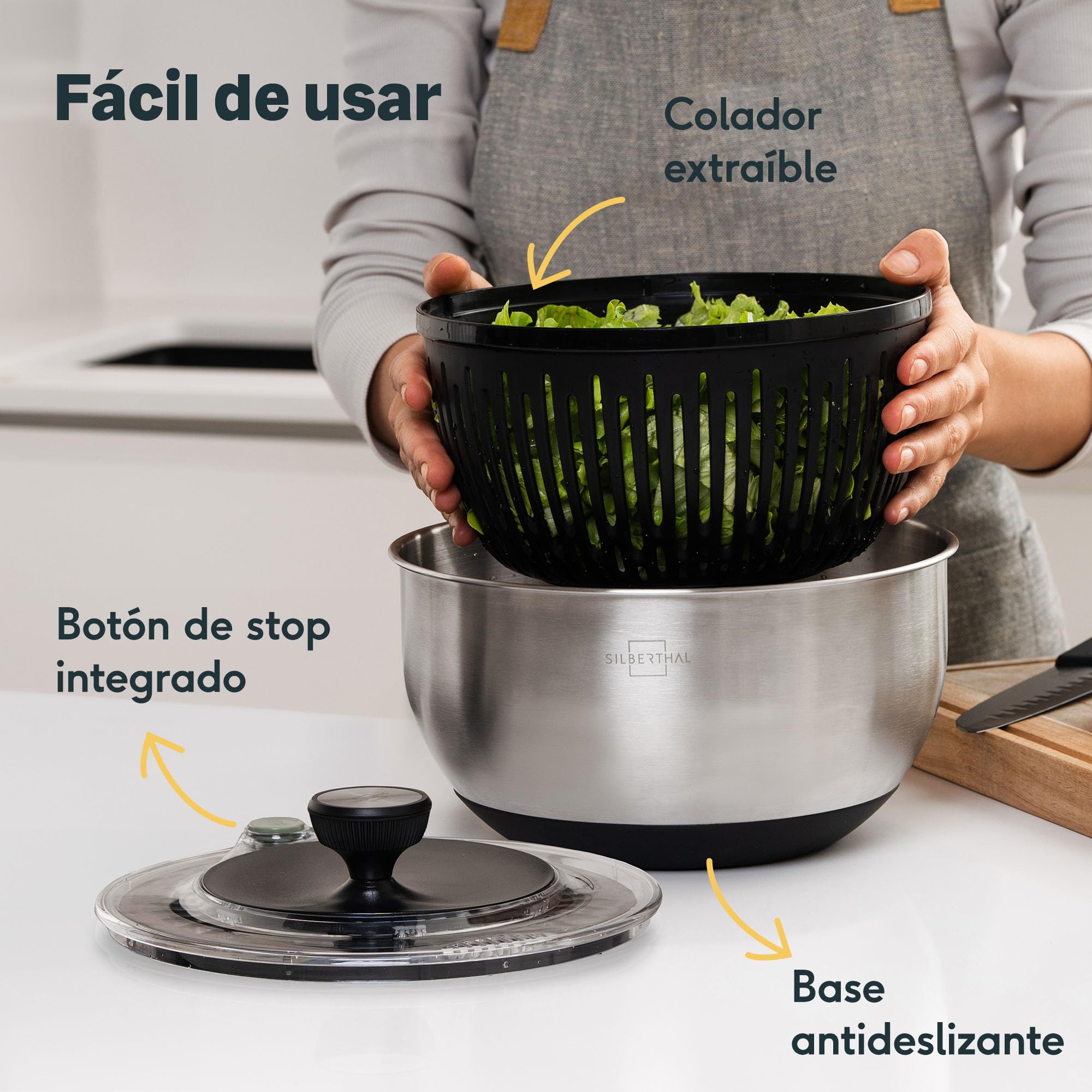 SILBERTHAL Centrifugadora ensalada acero Inoxidable 4,5L - Escurridor lechuga grande - Antideslizante