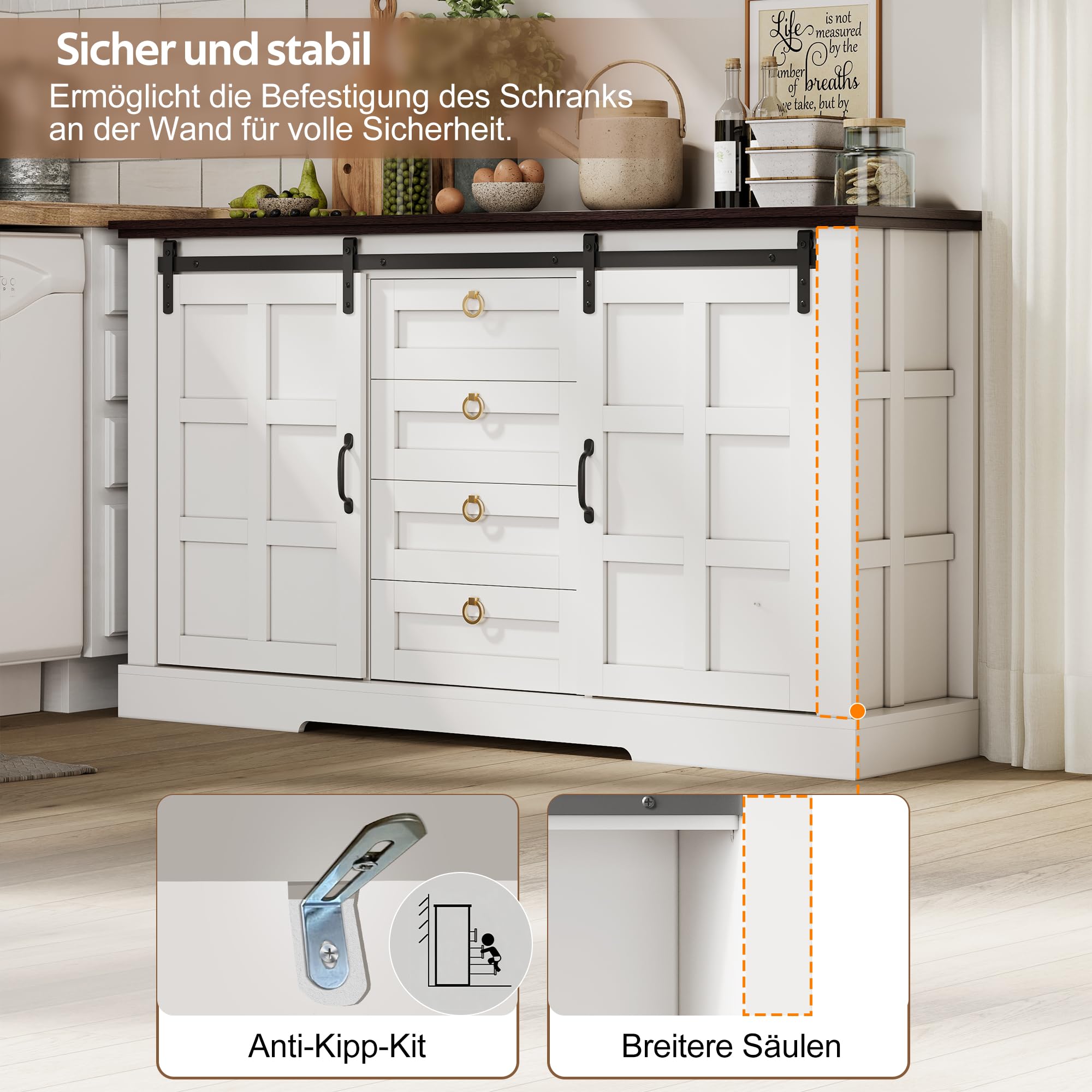 BTM Sideboard mit Stauraum und Schiebetüren Küchenschrank Kommode Landhausstil Sideboard Wohnzimmer Buffetschrank Weiß