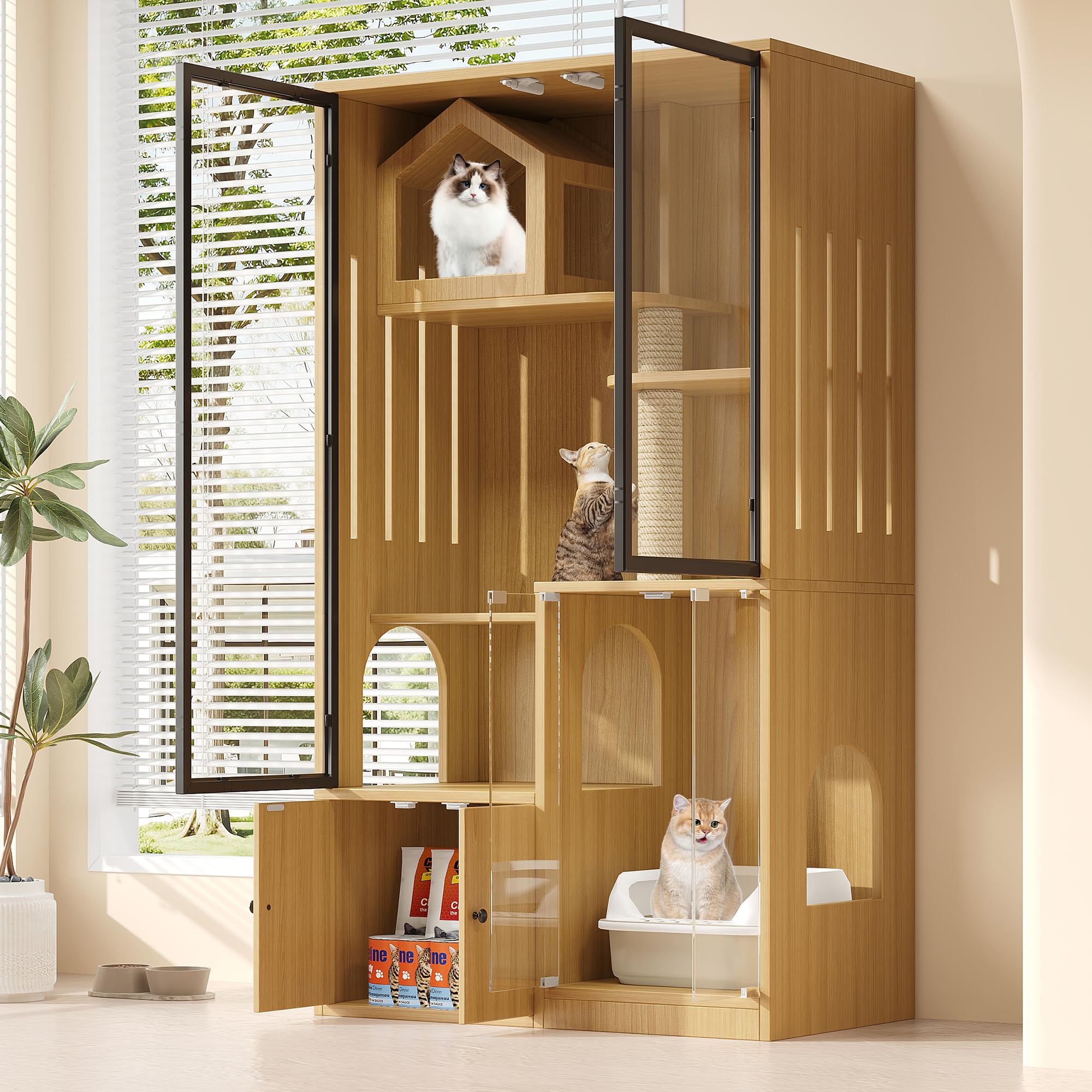 Grande casa per gatti in vetro a 4 piani - Villa per gatti in legno con tiragraffi, resistente alle intemperie e all'inverno - Per interni ed esterni - Colore legno di acero giallo - 90