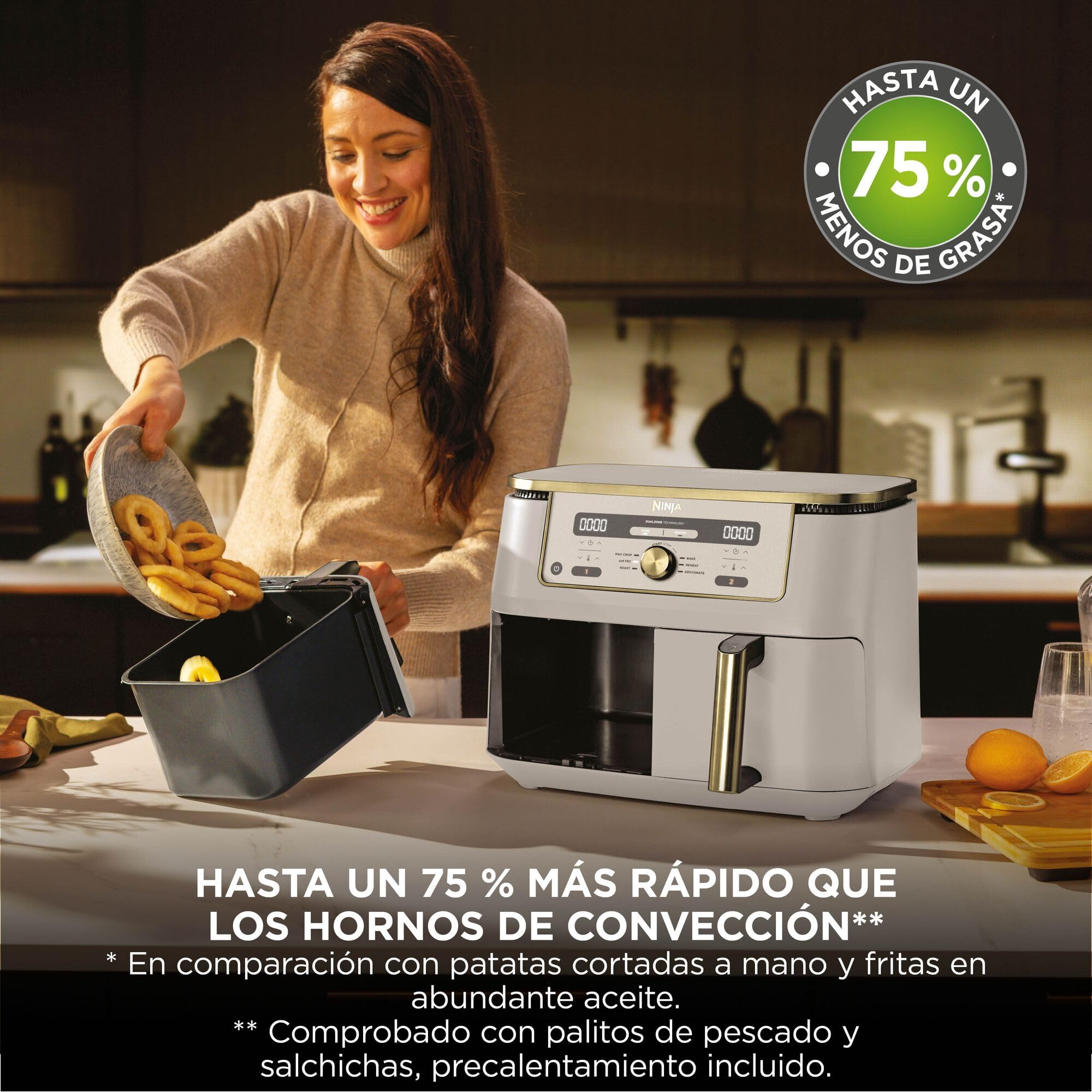 Ninja MAX Freidora de Aire con 2 Cajones Independientes - 6 Funciones Freír con aire, Asar, Hornear, Gratinar, Deshidratar y Recalentar - 9,5 l con Rejillas Antiadherentes - Piedra Dorada, DZ400EUSTGD