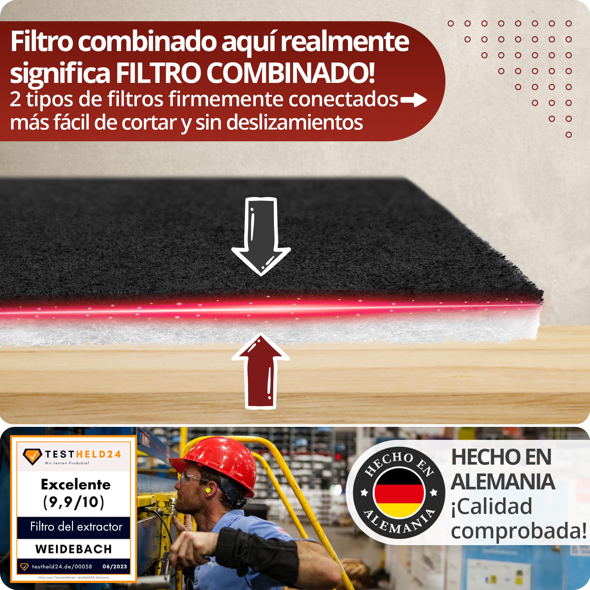 WEIDEBACH 2 filtro KOMBI para campana extractora con carbón activo y filtro de grasa, 57 x 47 cm [recortables] – aprox. 1,7 cm de grosor