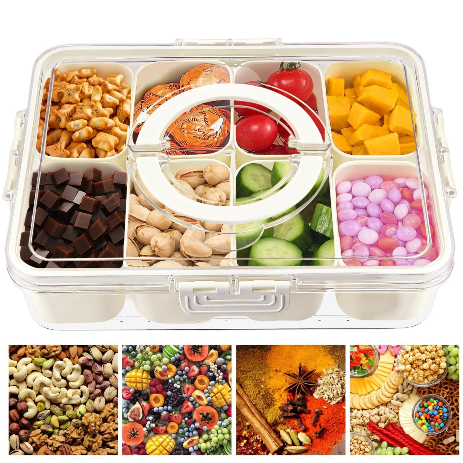 Eidoct Transparent Snack Box With Compartments Tray, With Lid And Handle Food Storage Container, 8 Removable Compartment Divided Serving Snack Tray For Charcuterie Candy, Fruits, Snacks, Nuts