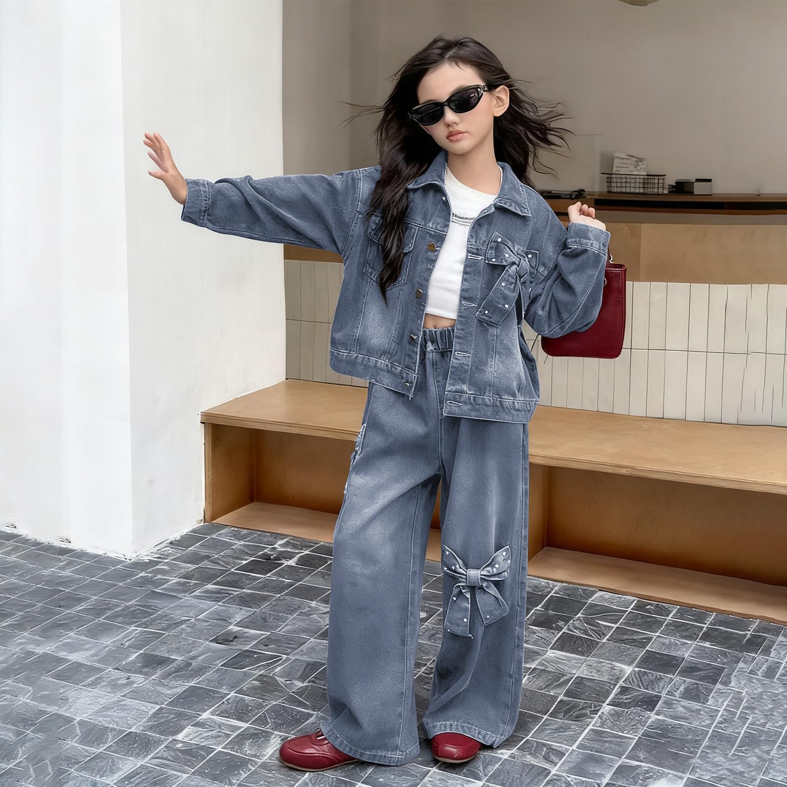 amropi 2 Pezzi Completo di Jeans Bambina Ragazze Giacca in Denim con Fiocco 3D e Pantaloni a Gamba Larga Set per 3-12 Anni