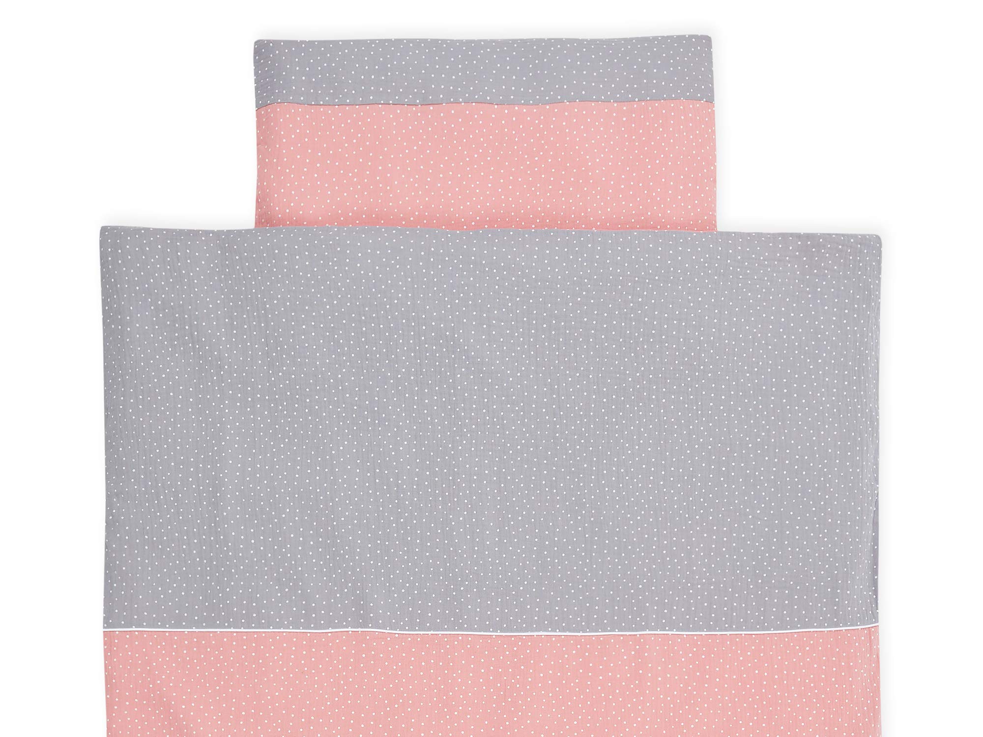 KraftKids Juego de ropa de cama de muselina gris lunares muselina rosa puntos de almohada 80 x 80 cm y edredón 140 x 200 cm, funda nórdica de algodón, ropa de cama hecha a mano fabricada en la UE