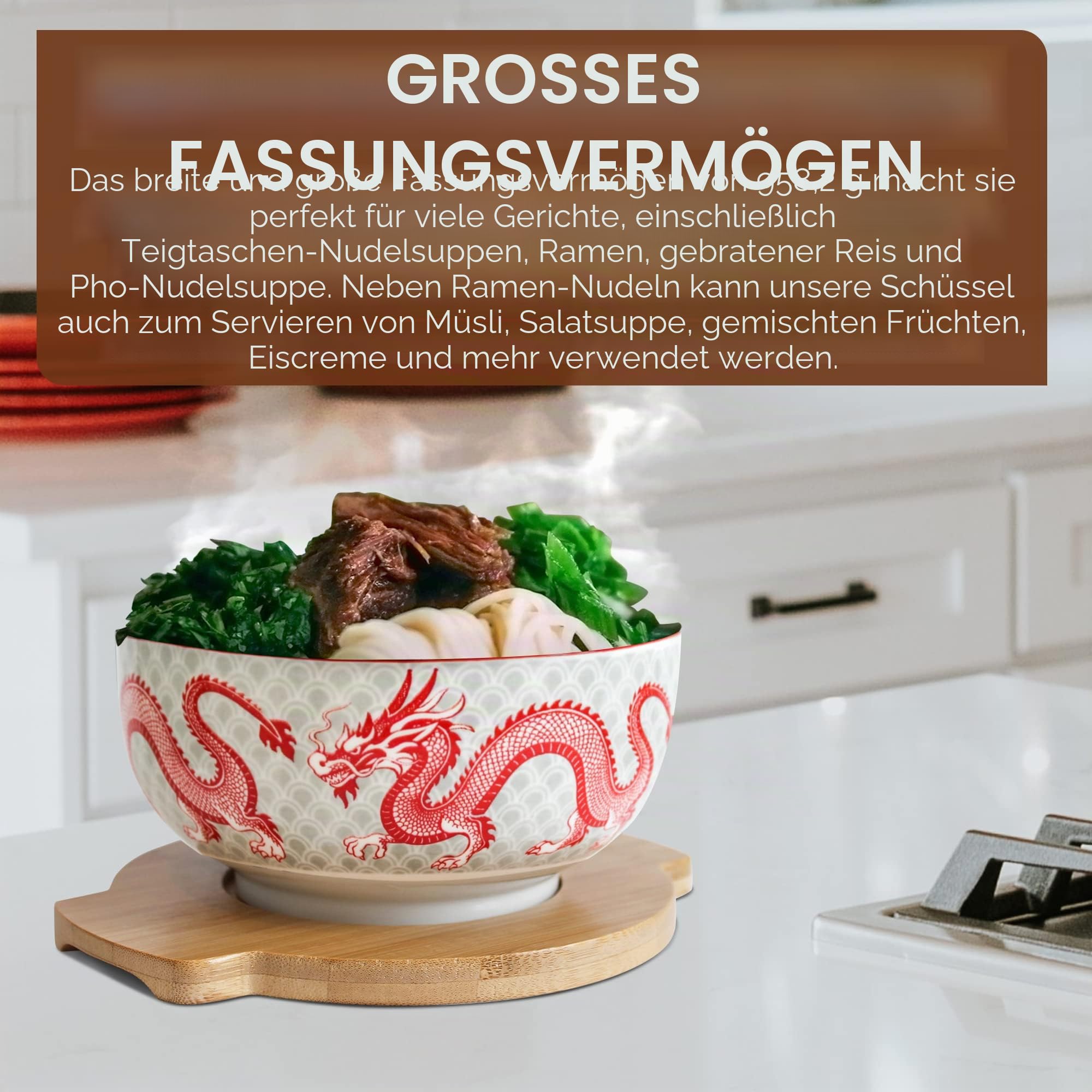 Japanisches Keramik-Ramen-Nudelschalen-Set mit Keramiklöffel, Bambus-Essstäbchen, Deckel und Untersetzer, mikrowellengeeignet, Ofensicherheit (8.4x16.8 cm D) (Red Dragon)