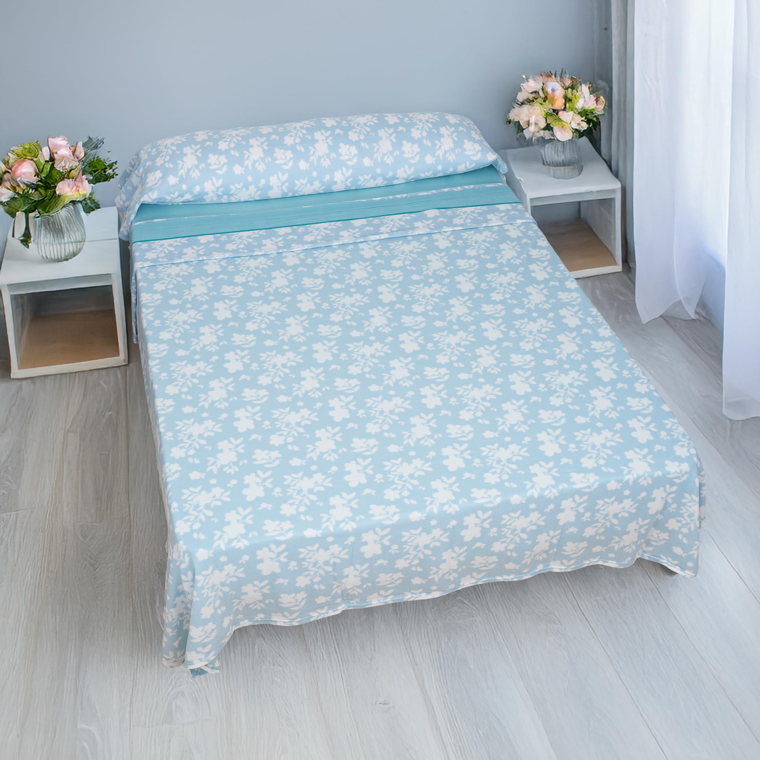 H HANSEL HOME Juego de Sábanas Termicas 3 Piezas Pirineo para Cama de 150x190cm, Sábanas Polares de Invierno Ultra Suave, Incluye Sabana Bajera + Encimera + Funda de Almohada - Flores Verde