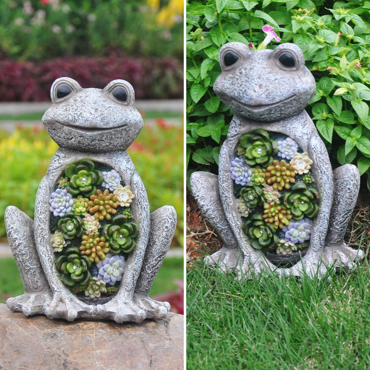 Garden Statue Frog Figurine - Waterproof Resin Succulent Plants with Solar Powered LED Lights for Halloween, Patio Yard Decorations, Home Decorations,9.5 x 7.2 Inch