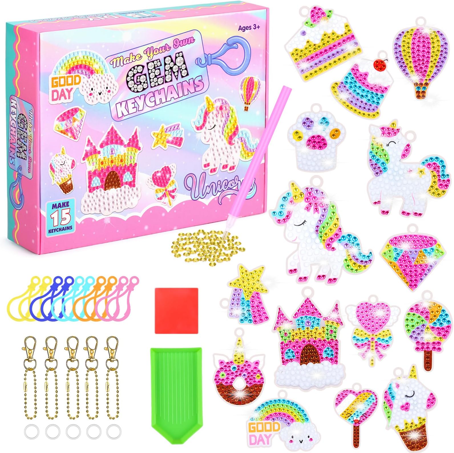 Eocoyar Diamond Art for Kids 15 PCS 5D Gem Diamond Art Keyrings Kits DIY Diamond Painting Keychains for Kids Ages 8-12 Diamond Art Craft Kits for Girls Key Pendant Bag Decor, Pony Painting