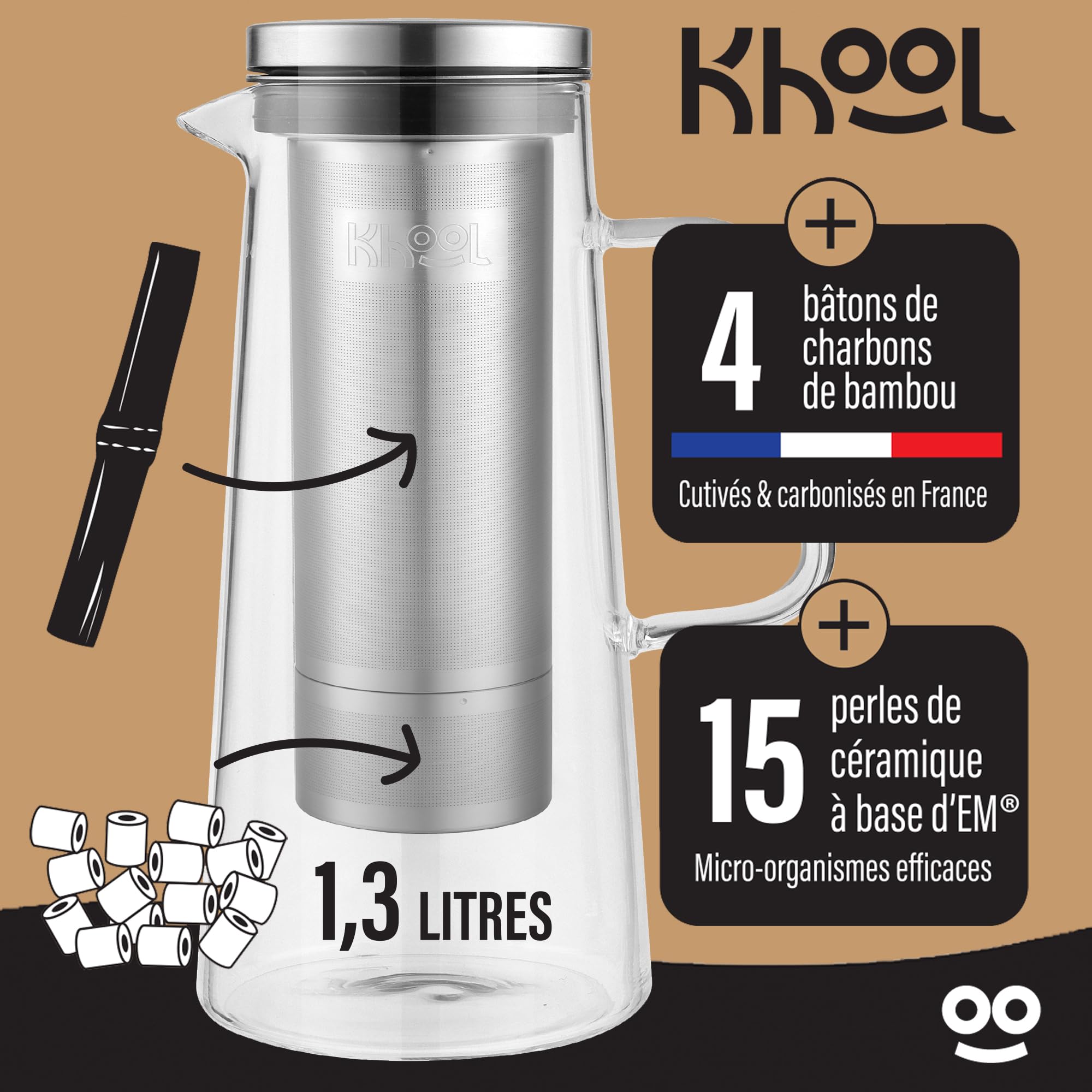 KHOOL - Kit Carafe filtration de l'eau en Verre et Inox + Bâtons Charbon de Bambou et Perles de Céramique - Purifie & améliore le goût de l’eau - Alternative Écologique - Origine France - 1L