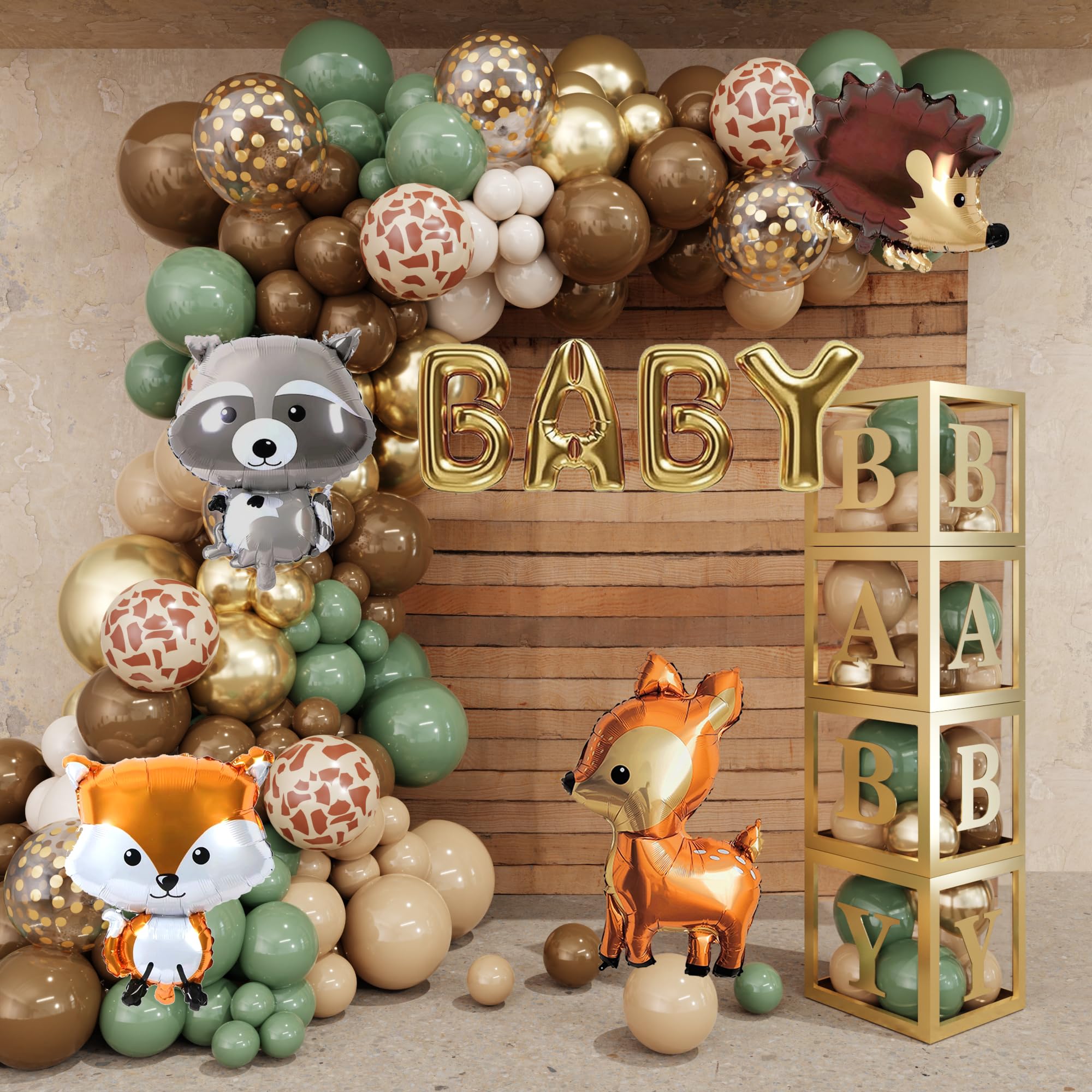 Amandir137pcs Woodland Animals Baby Shower Decoration Baby Boxes Sage Green  Brown Balloon Garland Arch Kit Woodland Themed Animal Foil Balloons
