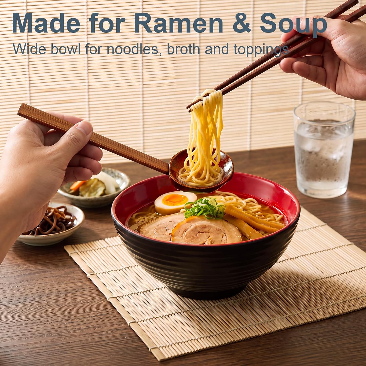 ONEMORE 8 Inch Ceramic Ramen Bowl Set of 2, 50oz Japanese Bowls, Red-Black image 4