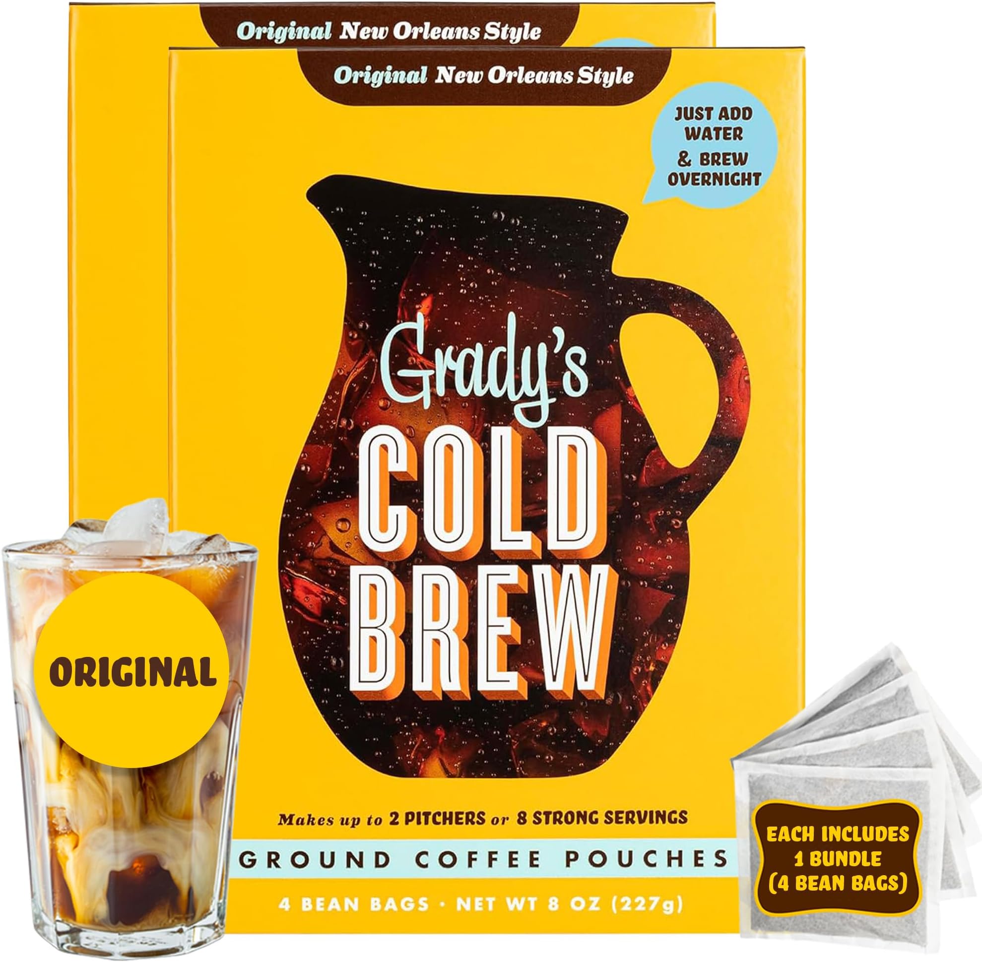 - GRADY’S COLD BREW, New Orleans Style, 100% Arabica Ground Coffee & Chicory Pouches, TWO Boxes of Four Easy-to-Brew Bean Bags, Makes 24 drinks