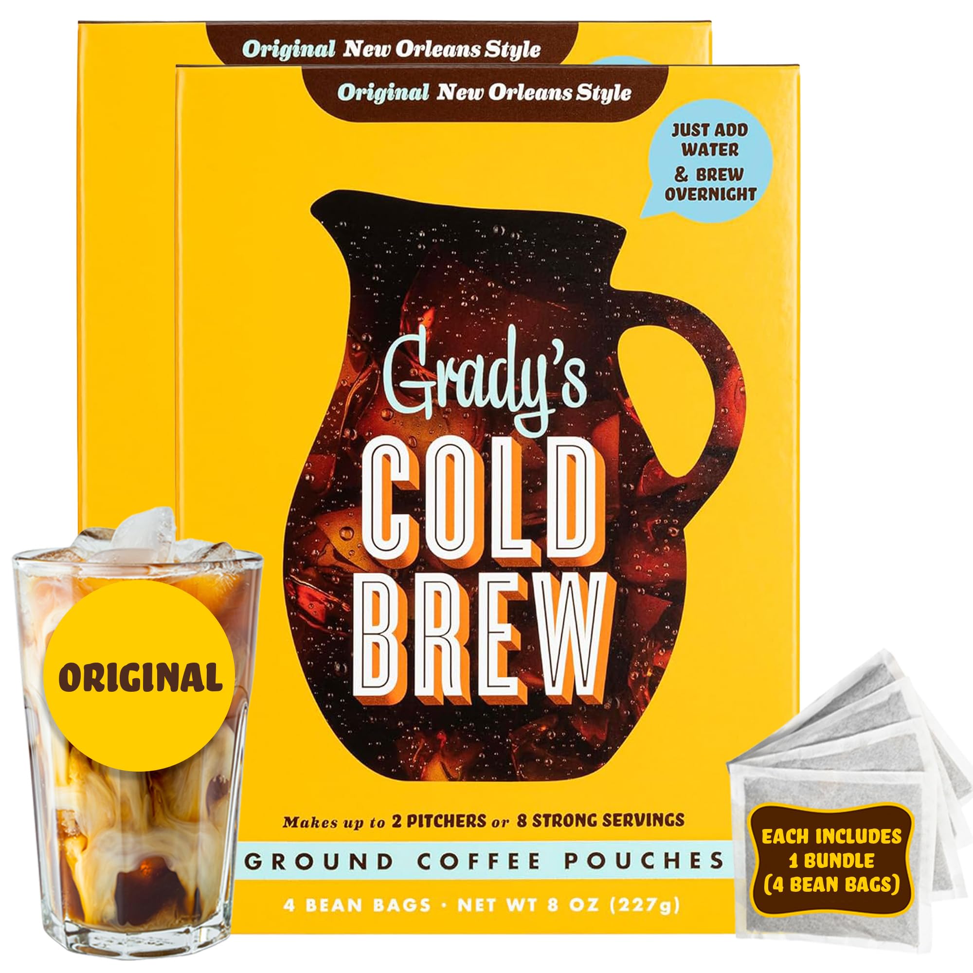 GRADY’S COLD BREW, New Orleans Style, 100% Arabica Ground Coffee & Chicory Pouches, TWO Boxes of Four Easy-to-Brew Bean Bags, Makes 24 drinks