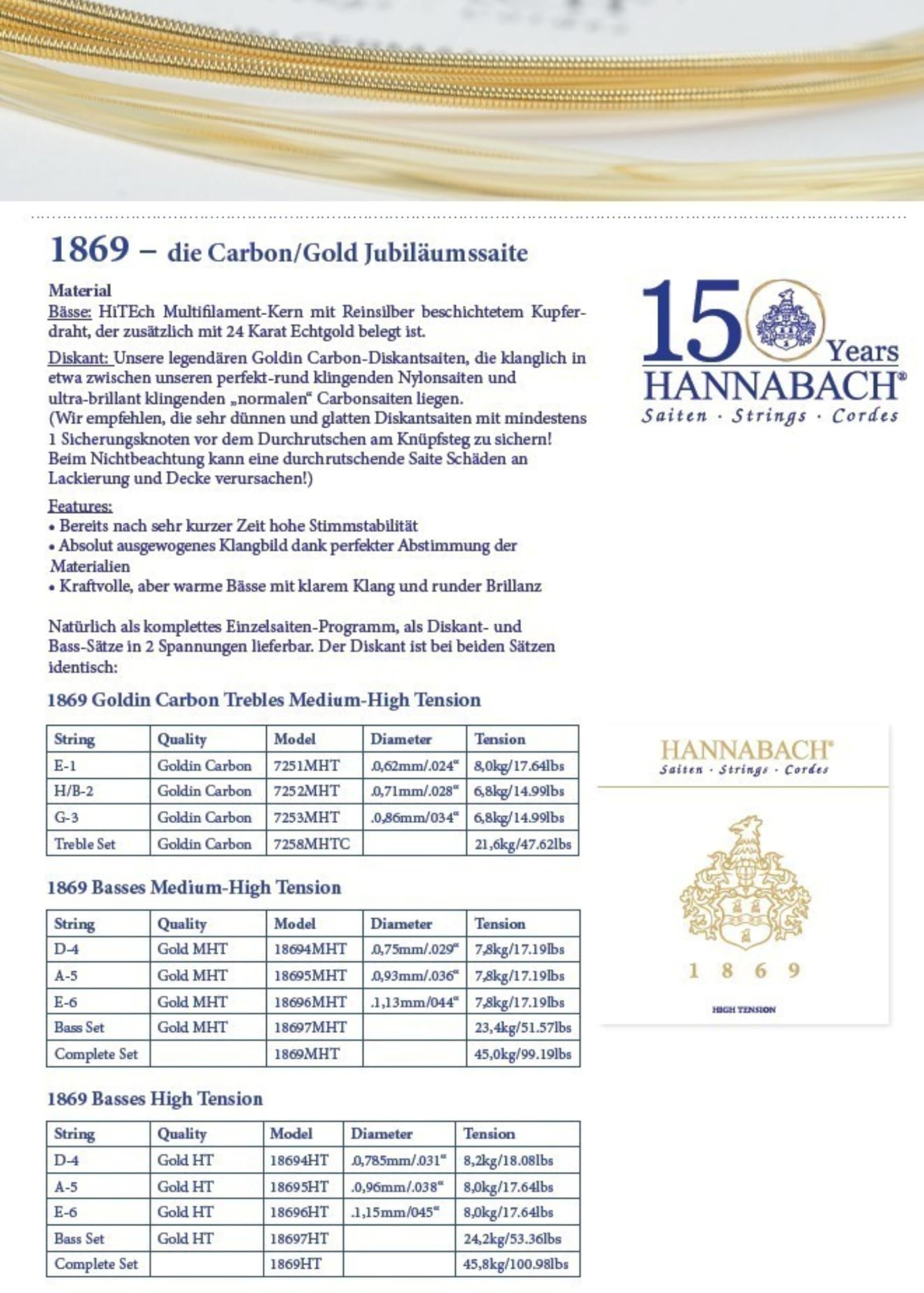Hannabach 652787 Klassikgitarre-Saite Satz Serie 1869 Carbon/Gold MHT-1869MHT