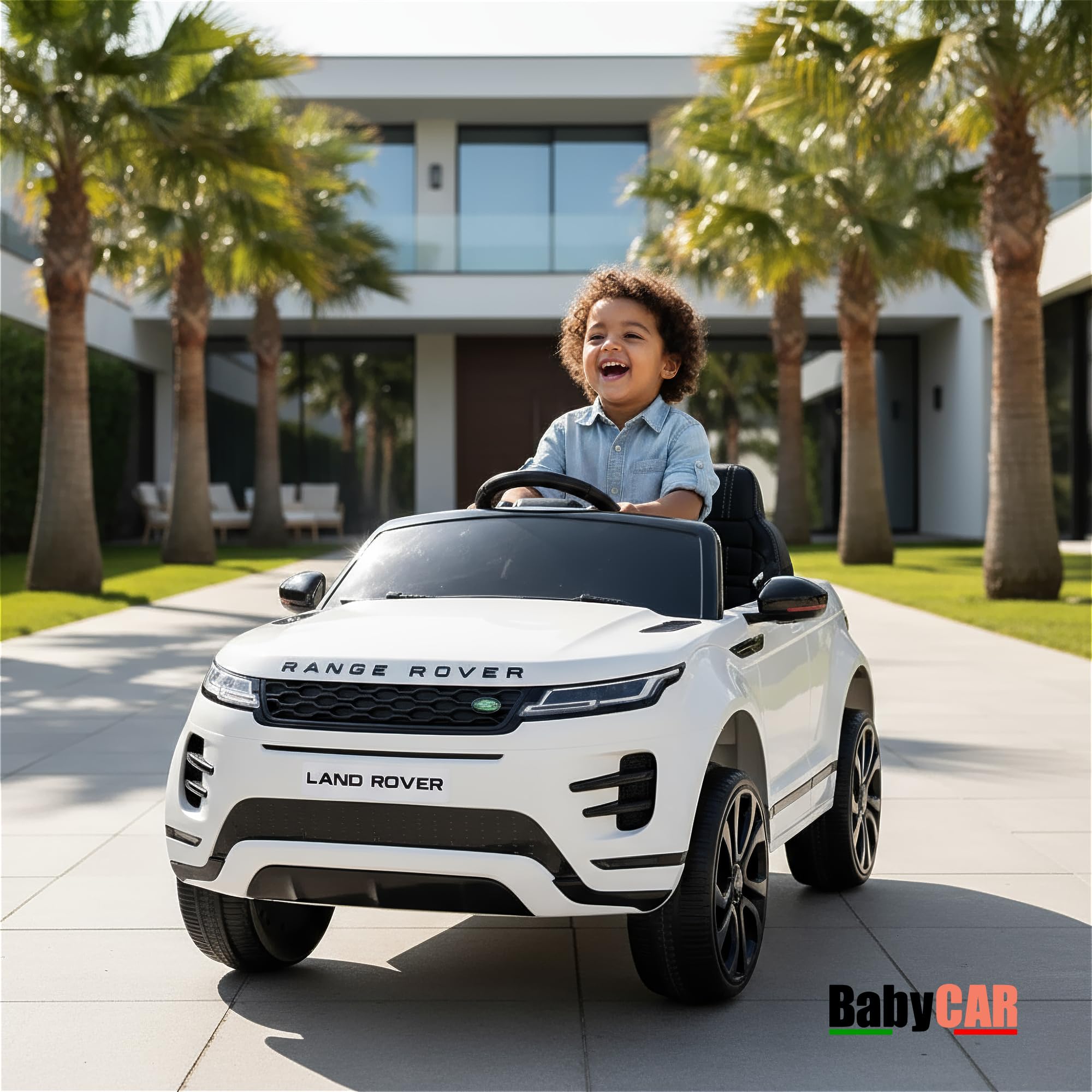 BabyCar Range Rover | Coche electrico para niños 12V con 2 Motores 35W | Coche Bateria con Mando Niño, Asiento de Piel, Puertas abatibles, MP4/USB | Licencia Oficial | Blanco