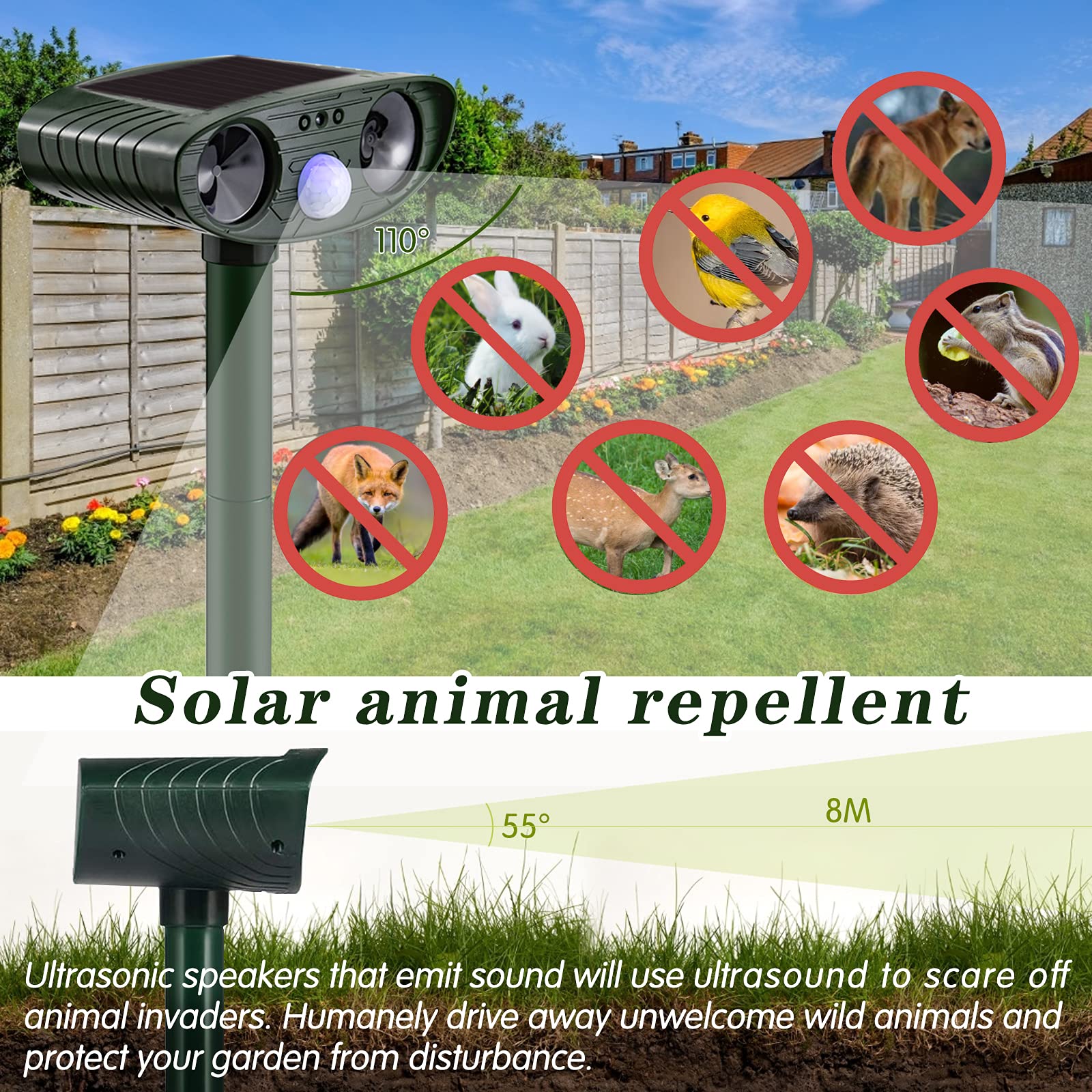 Répulsif Chat Exterieur Ultrasons Repeller Repulsif Chat Solaire Répulsif pour Animaux avec Détecteur de Mouvement PIR et LED pour Chats Chiens Renards Oiseaux