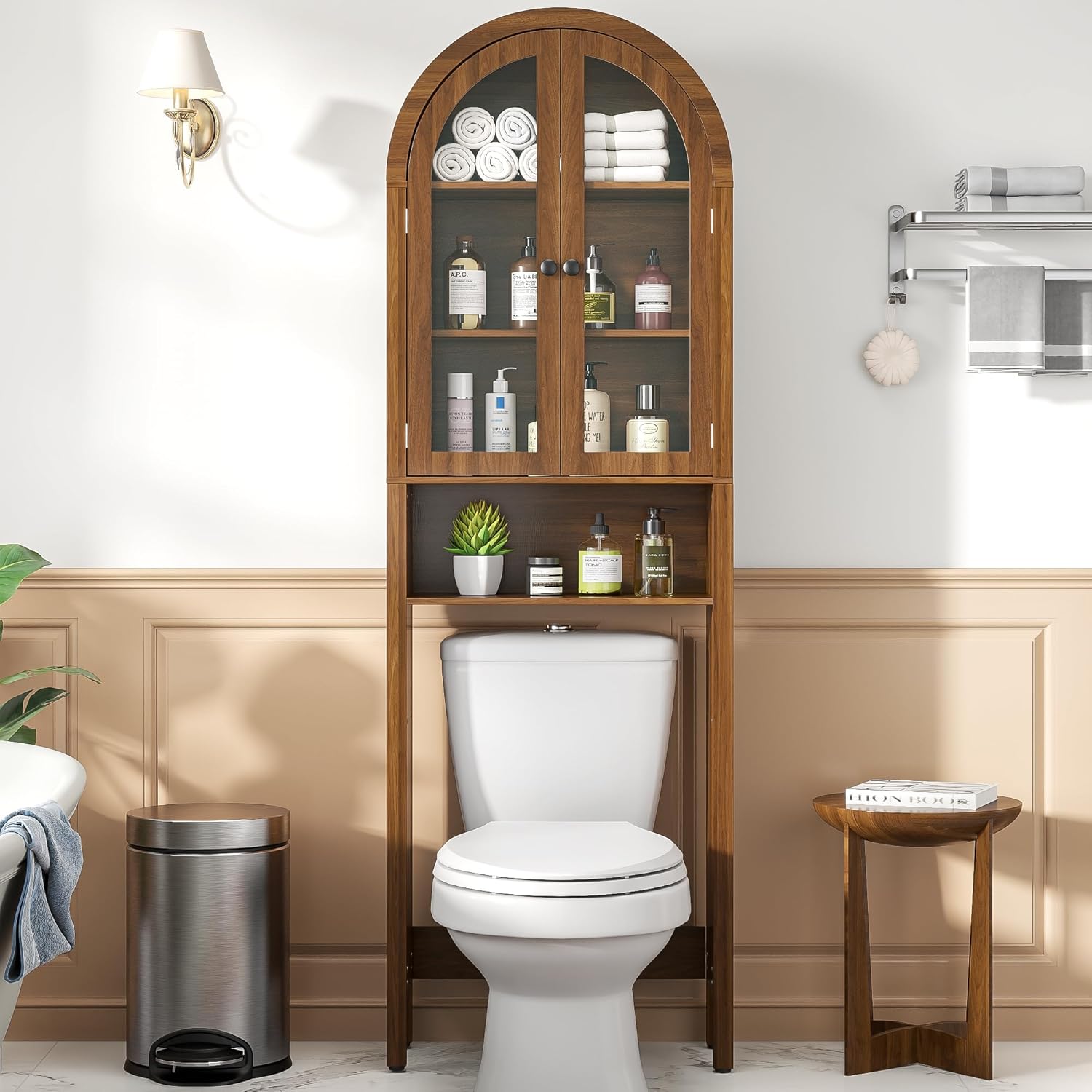 Arched Over The Toilet Storage Cabinet with Acrylic Doors, 4 Tier Small Bathroom Shelf Organizer, Mid Century Modern Bathroom Cabinet with Adjustable Shelf, Slim Narrow Arch Toilet Rack, Walnut