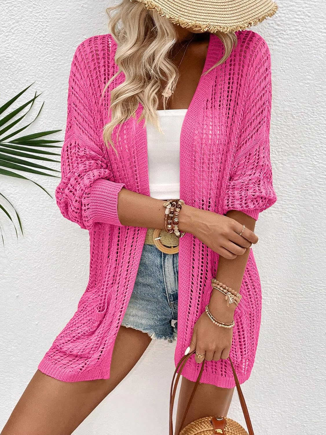 Womens Crochet Cardigan Sweater Lightweight Rib Knit Open Front Sweater Coats Cover Up - Image 5