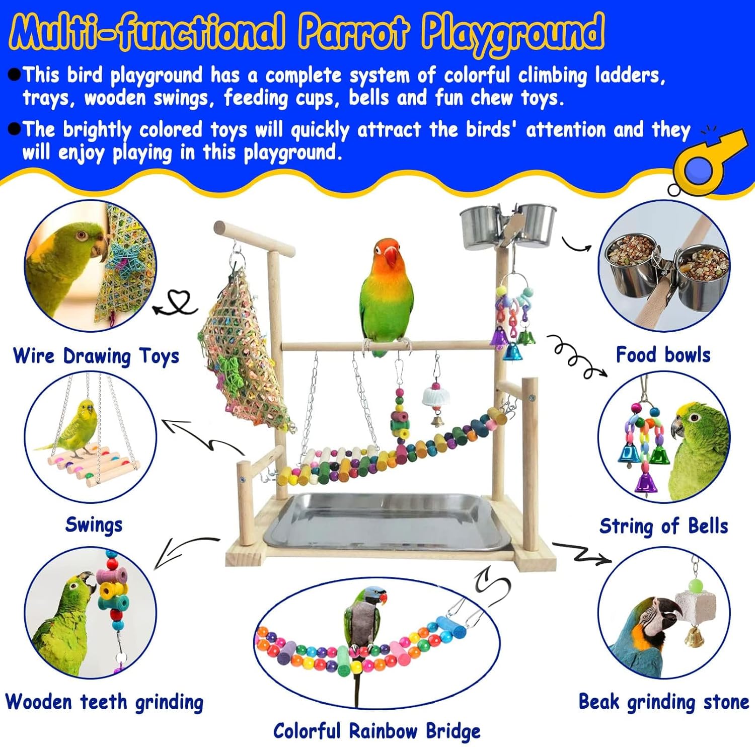kathson Bird Playground,Parakeet Play Stand,Parrots Play Gym with Food Bowls,Cockatiel Playstand with Chewing&Exercise Toys,Birds Perch Stand for Budgie Conures Lovebirds
