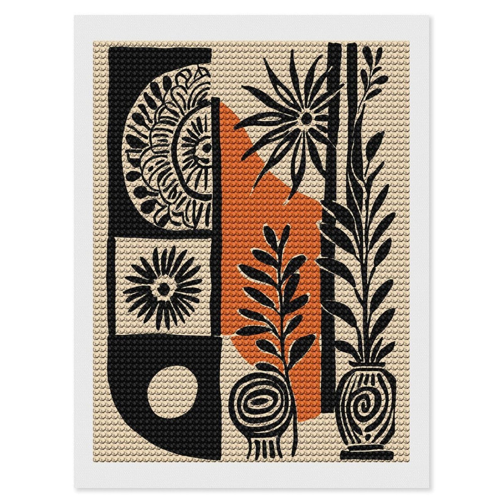 Junmoney Abstract Botanical Illustration with Geometric Shapes Round Drill Diamond Painting 12"x16", Satisfying Creative Project, Complete Accessories, Printed Canvas