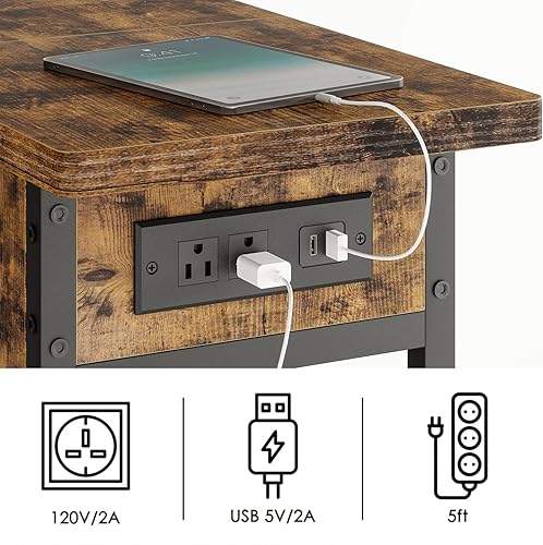 Miniatura 4 de Fixwal Mesa auxiliar con estación de carga, mesa auxiliar abatible con puertos USB y tomas, mesita de noche estrecha para sofá, mesa de noche para
