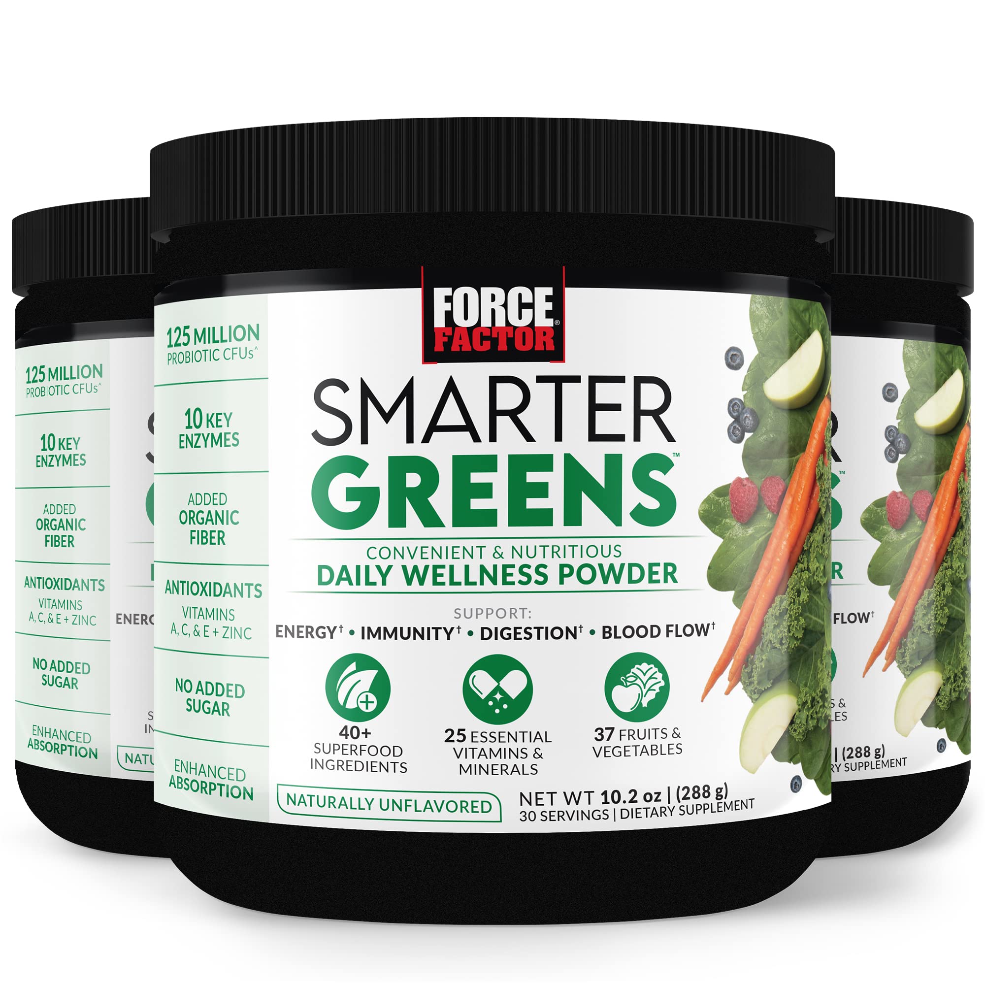 Force Factor Smarter Greens Daily Wellness Powder 3-Pack to Support Energy, Immunity & Digestion, Greens Powder, Superfood Powder with Vitamins, Minerals & Probiotics, Unflavored, 90 Servings
