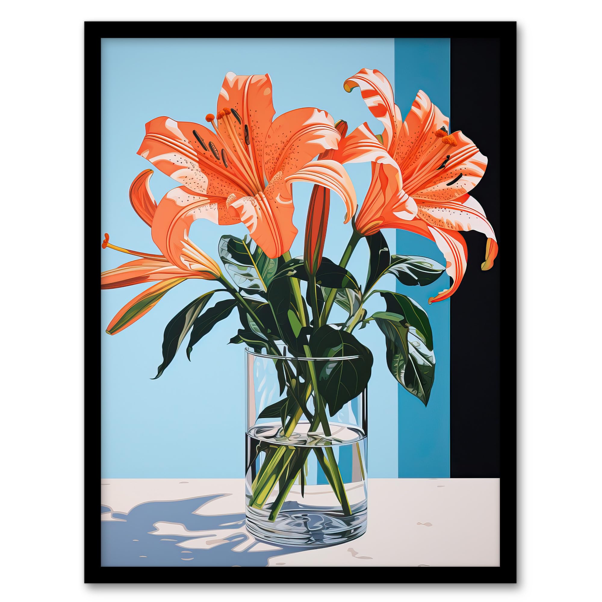 Wee Blue Coo Autumn Lilies Orange Glass Vase Stylised Floral Painting Blue Green Detailed Tiger Lily Artwork Framed Wall Art Print 18X24 Inch