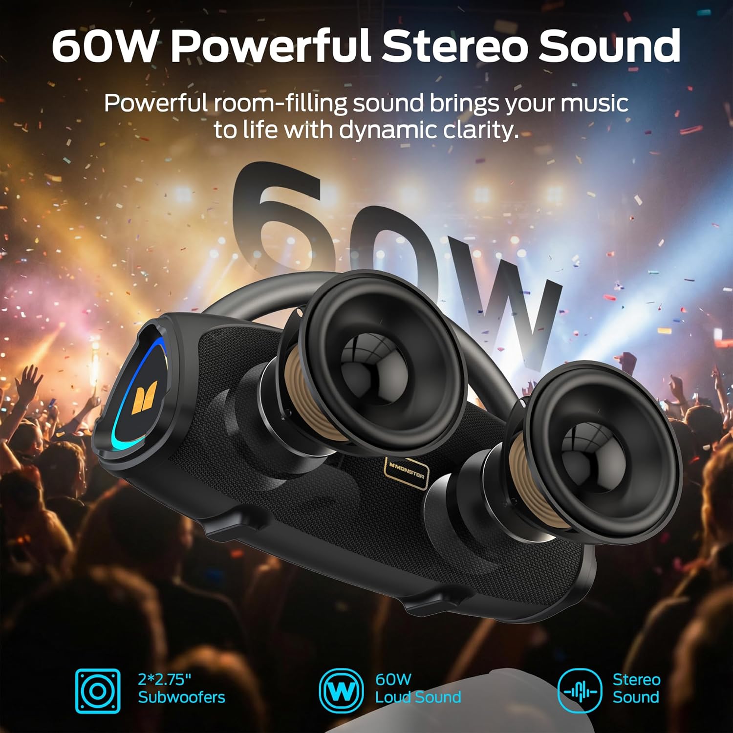 Monster Prism Pro Bluetooth Speaker, Portable Wireless Speaker, 60W True Wireless Stereo, 24H Playtime,TWS Pairing, Bluetooth 6.0, RGB Lights, AUX,USB & TF-Card Input, for Outdoors/Beach/Travel - Image 2