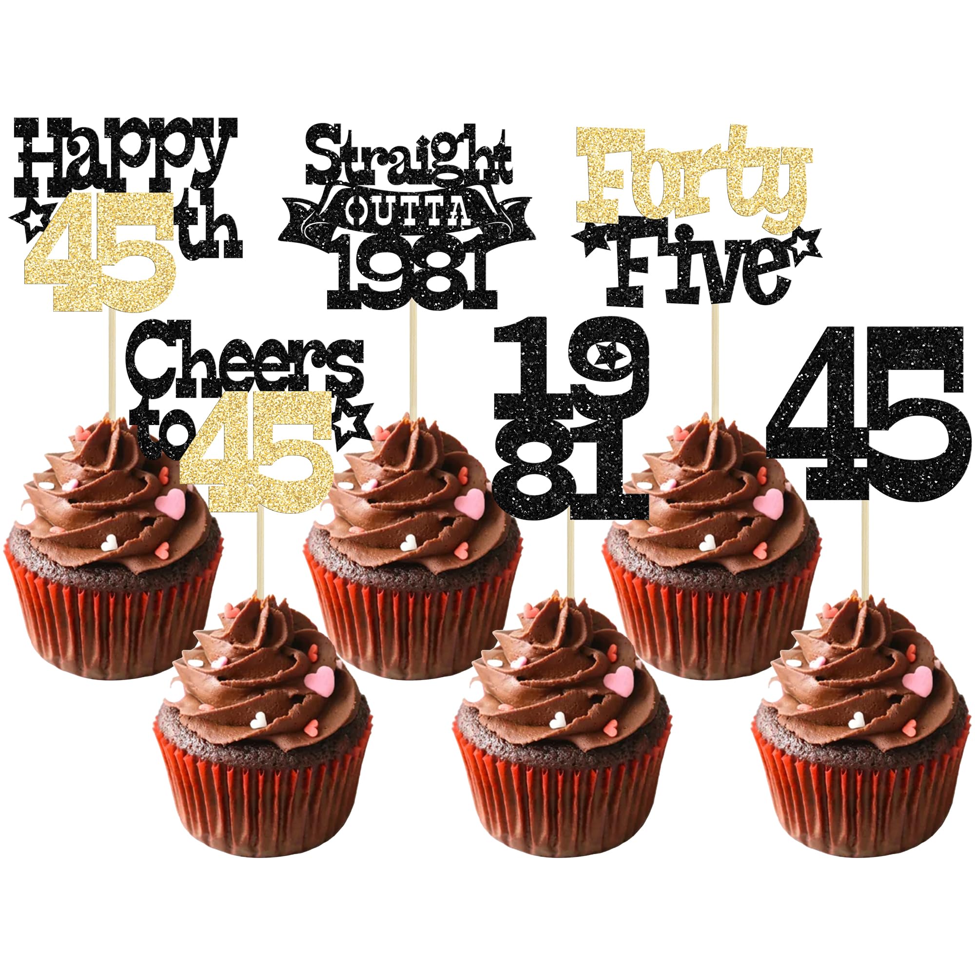 Ephlyn 30Pcs Straight Outta 1981 Cupcake Toppers Glitter Forty Five Happy 45th Birthday Cupcake Picks Cheers to 45 Years Cake Decorations for Happy 45th Birthday Anniversary Party Supplies Black Gold