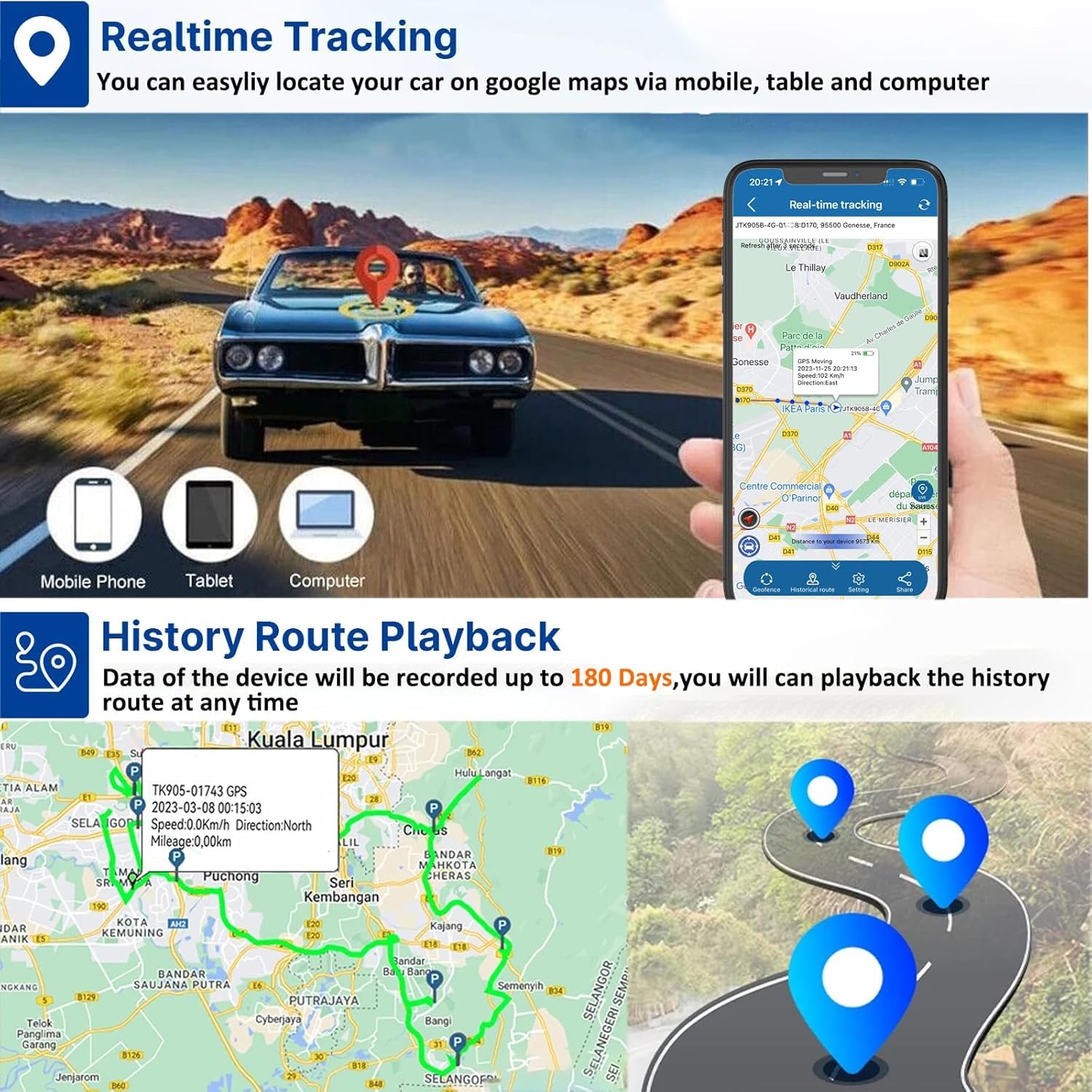 Localizzatore per Auto Tracker GPS senza Abbonamento con APP Gratuita, Monitoraggio in Tempo Reale, Antifurto Moto Camion con Potente Magnete, Traiettoria Storica 5000mAh