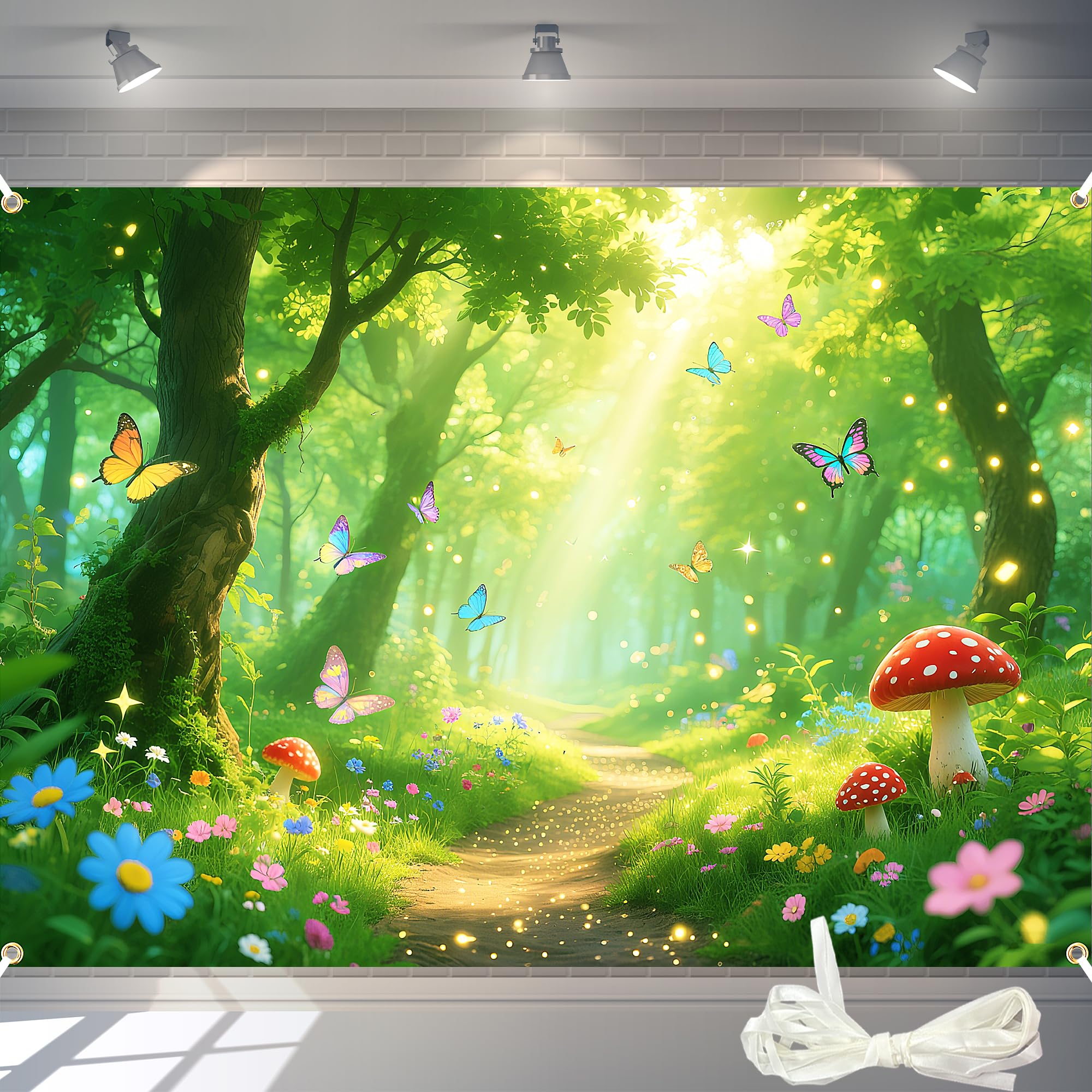 7x5FT Enchanted Forest Backdrop with 19.68FT Ribbon - Magic Fairy Garden Photography Background for Party, Birthday Decor, Spring Photo Booth Props