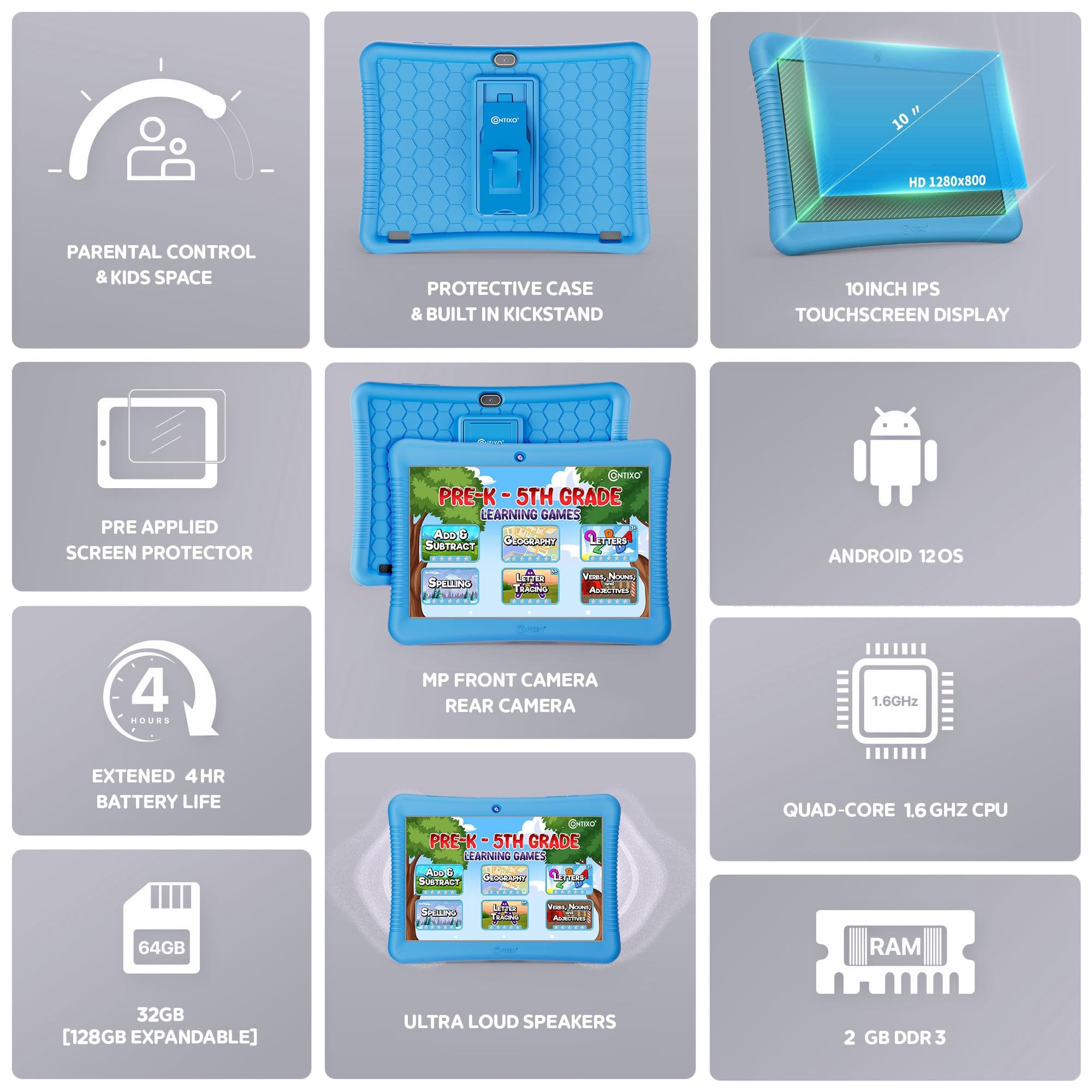 Contixo Tablet per bambini da 10 pollici con pacchetto cuffie - K103 Tablet per bambini, oltre 80 e-book e adesivi Disney (valore $350), 32 GB di archiviazione, 3 GB di RAM, Bluetooth, controllo