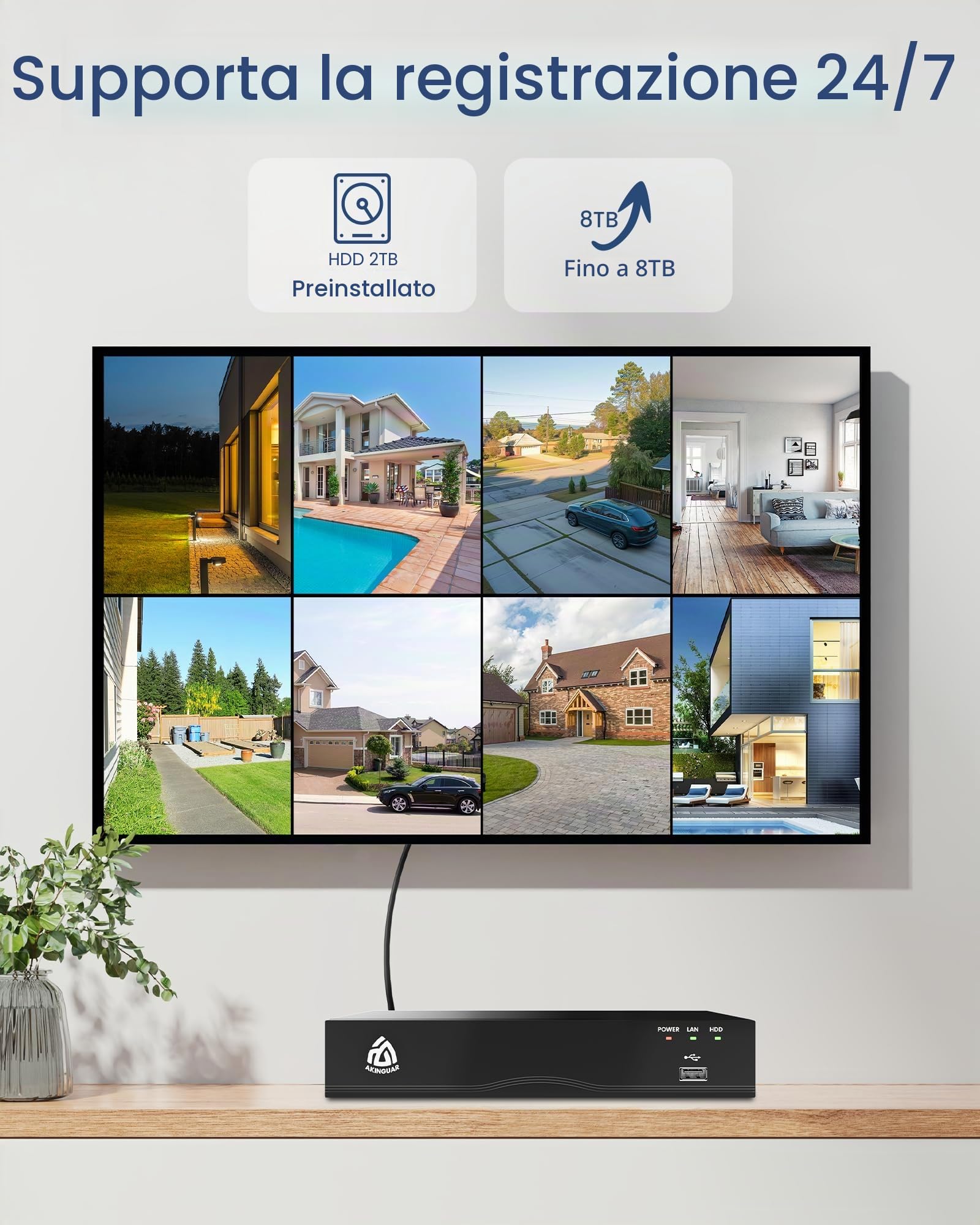 5MP PoE Kit Videosorveglianza Esterno, 4K NVR 8CH 2TB + 4x 5MP Telecamere, Rilevamento Intelligente di Uomo/Veicolo, Audio Bidirezionale, Visione Notturna a Colori 30m, Registrazione 24/7