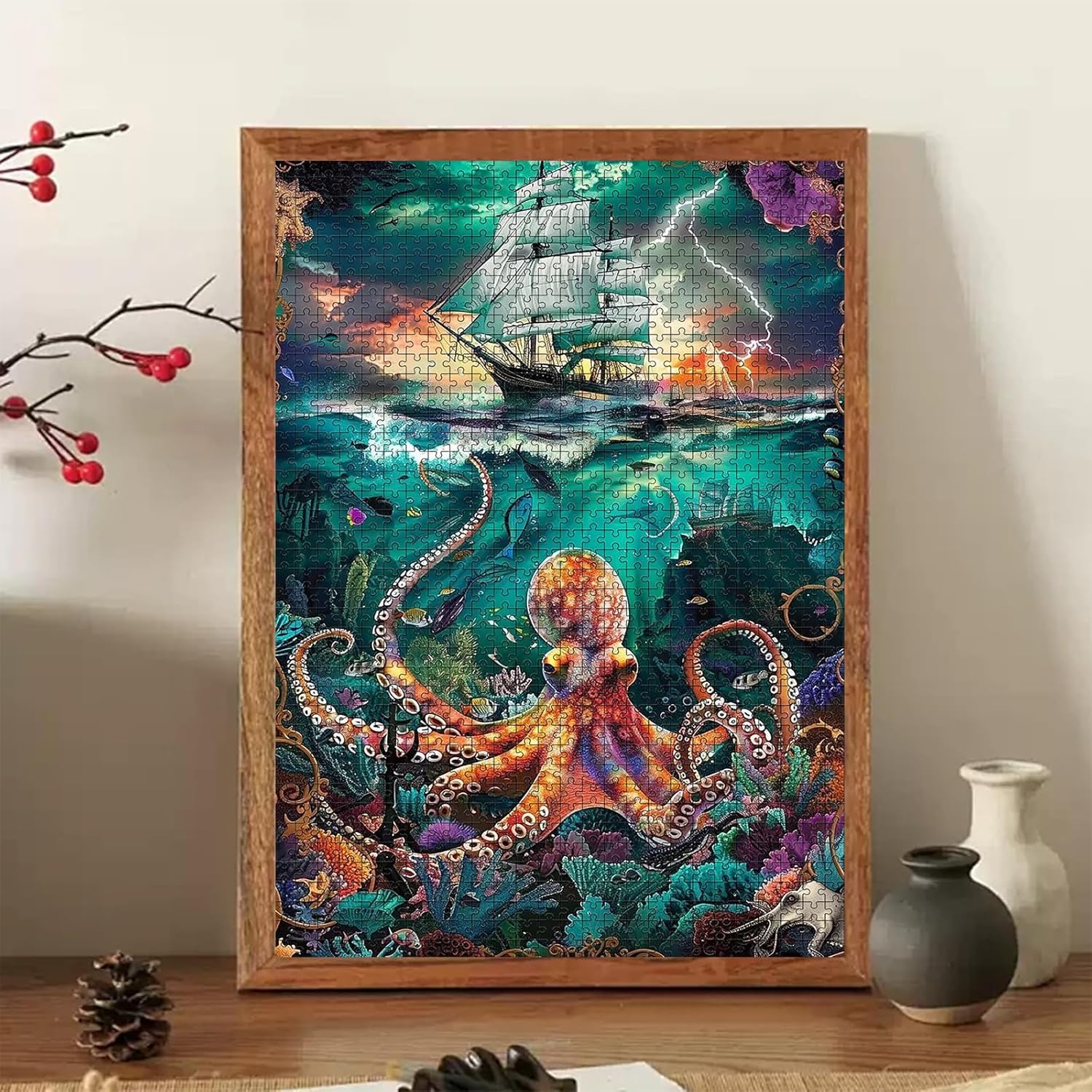 Pirate Ship Octopus Fighting Jigsaw 1000 Pieces, Adult Sea Creature Puzzle, Fun and Challenging Brain Exercise for Jigsaw Puzzle Lovers Ideal Gifts 20x28in