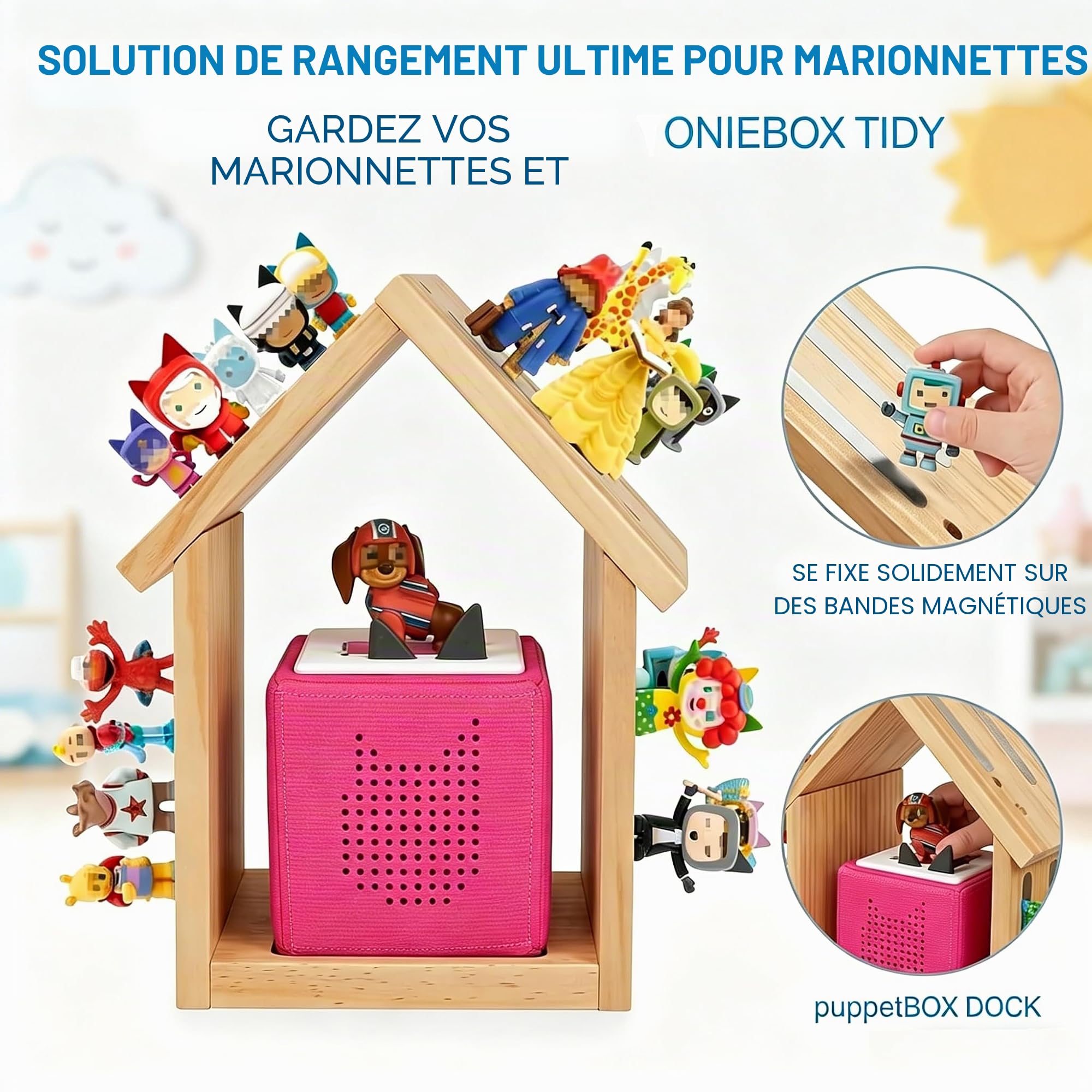 Étagère Murale Magnétique pour Tonies, Maison en Bois Compatible Toniebox 1 et 2, Rangement Organisé pour 12-40 Figurines, Chargeur et Câble Inclus