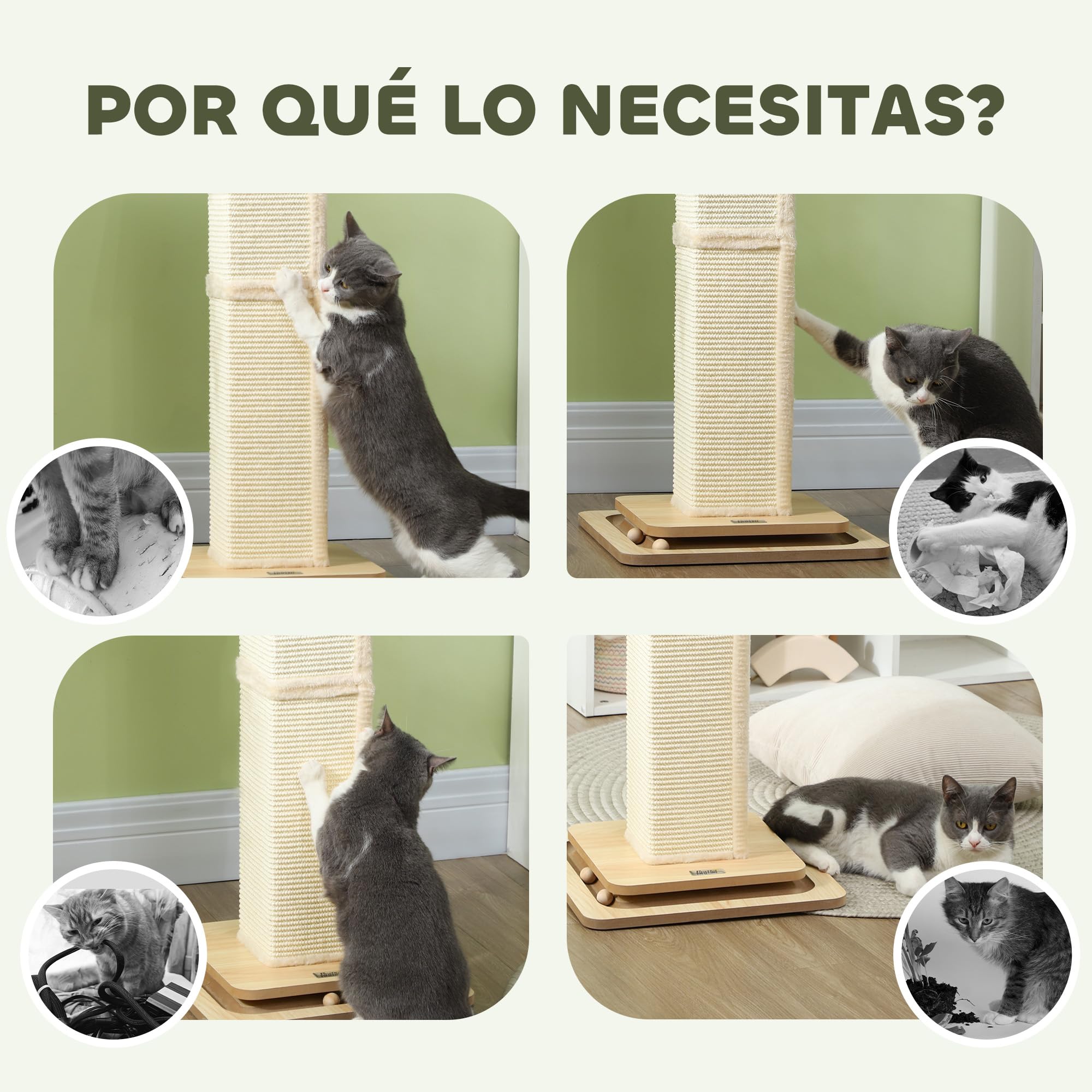 PawHut Poste Rascador para Gatos 87 cm con Bola Colgante y Sisal Roble | Rascador para Gatos, Arañador, Juguete de Pelota de Pista