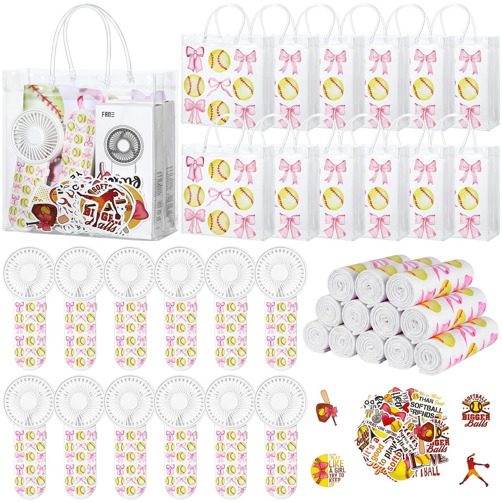 Tujoe 36 Pcs Softball Pink Bows Party Favors 40" x 12" Cooling Towel Portable Handheld Fan with Lanyards Clear Gift Bag with Handles and Stickers for Sport Team Gift, Battery Not Include